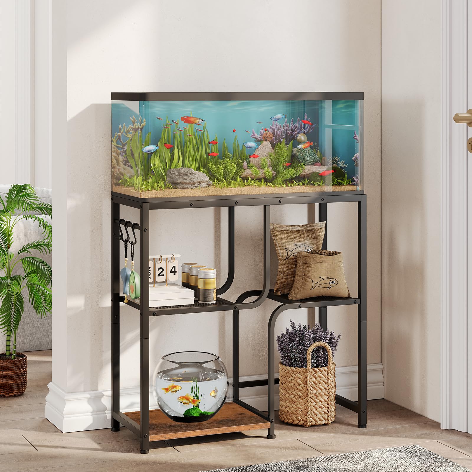 HOOBRO Support pour Aquarium de 76 L avec Tringle et 3 Crochets en S, Support pour Terrarium à 6 Pieds Réglables, avec 2 Étagères Grillagées et 1 Tablette, Chambre, Marron Rustique et Noir EBF74FT01
