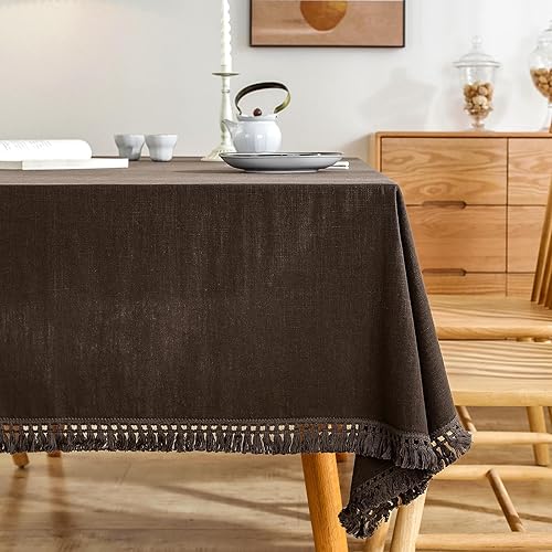 AmHoo Mantel de lino con borlas y costuras rectangulares, para cocina, comedor, boda, bufé, 55 x 86 pulgadas, color marrón
