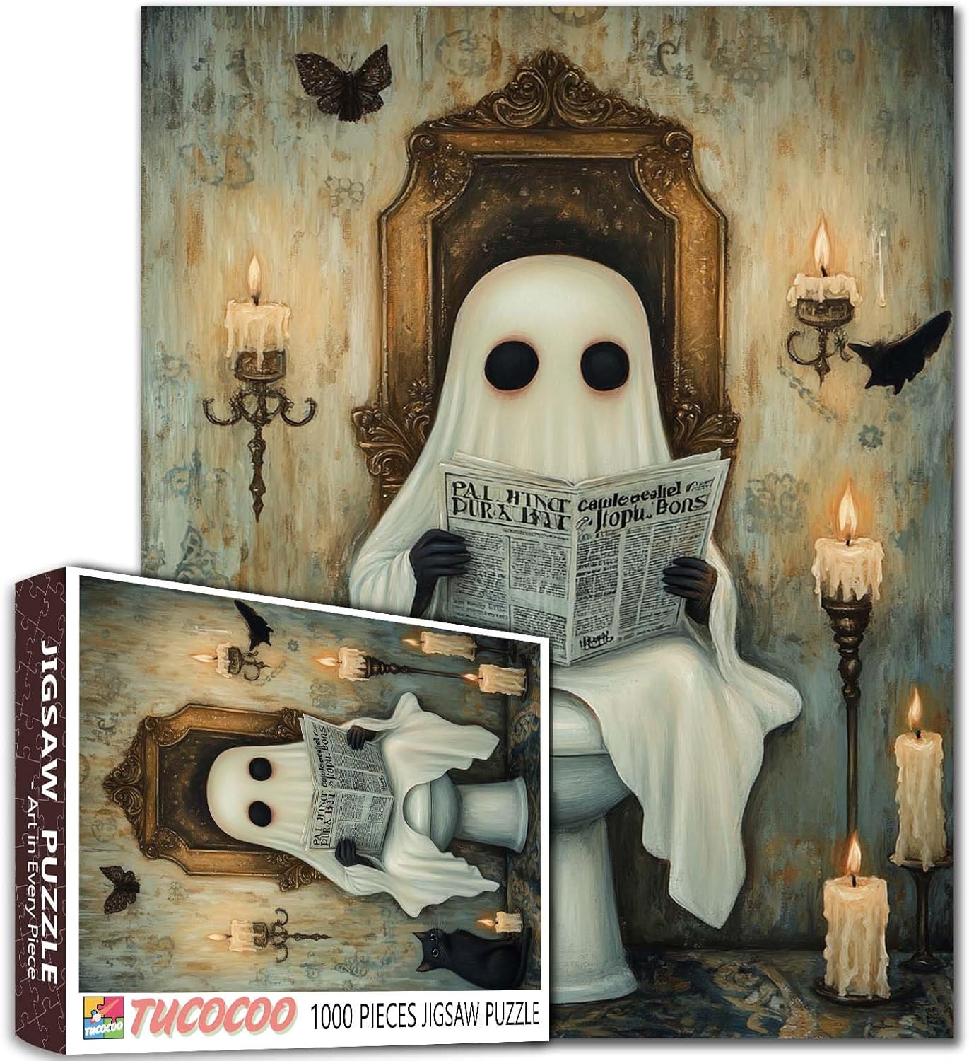 1000 Pieces Halloween Ghost Puzzle for Adults, The Horror Little Devil Reading Newspapers Puzzle Pieces,Holiday Party Gifts,Best for Family Game Play Collection,Wall Decor 19.7 x 27.6 Inch 1000 Pieces Halloween-01