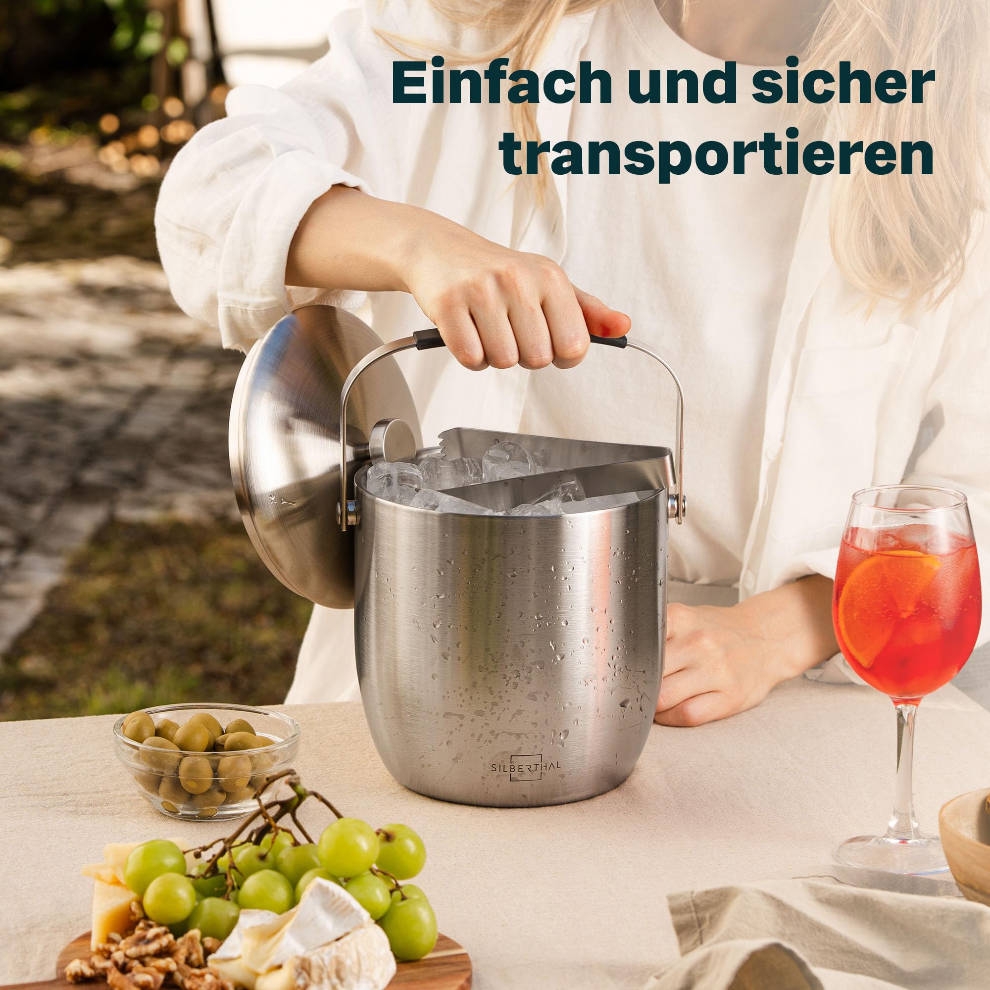 SILBERTHAL Eiswürfelbehälter Edelstahl 3L – Doppelwandig Isoliert – Eisbehälter mit Deckel & Zange – Eiskübel Ice Bucket für Cocktails, Wein, Sekt & Alkoholfreies – Weinkühler Flaschenkühler