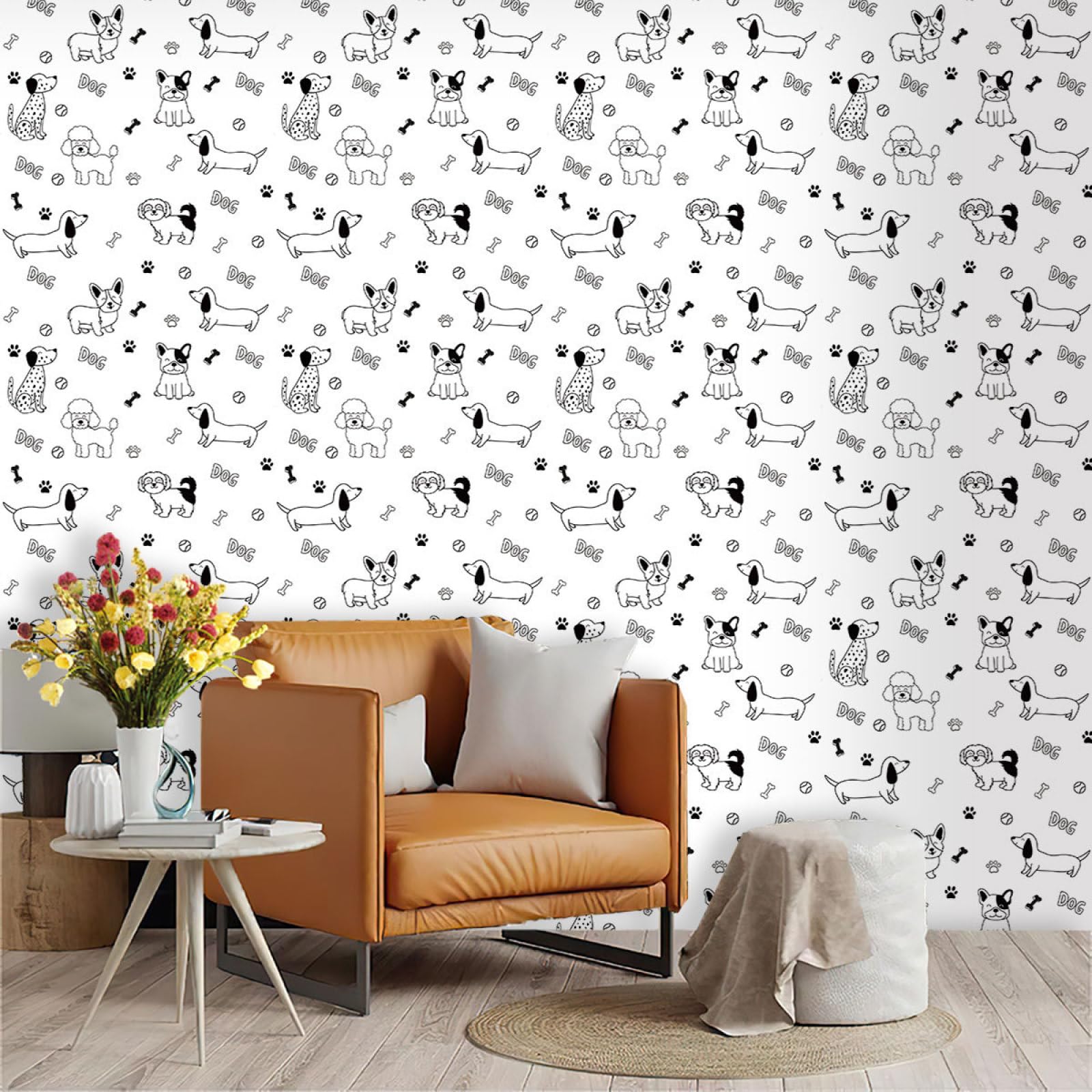 Wallpaper White Dog Peel and Stick Self Adhesive Wallpaper for Living Room Waterproof Vinyl, Art Deco Thicken Sticky Back Plastic Removable