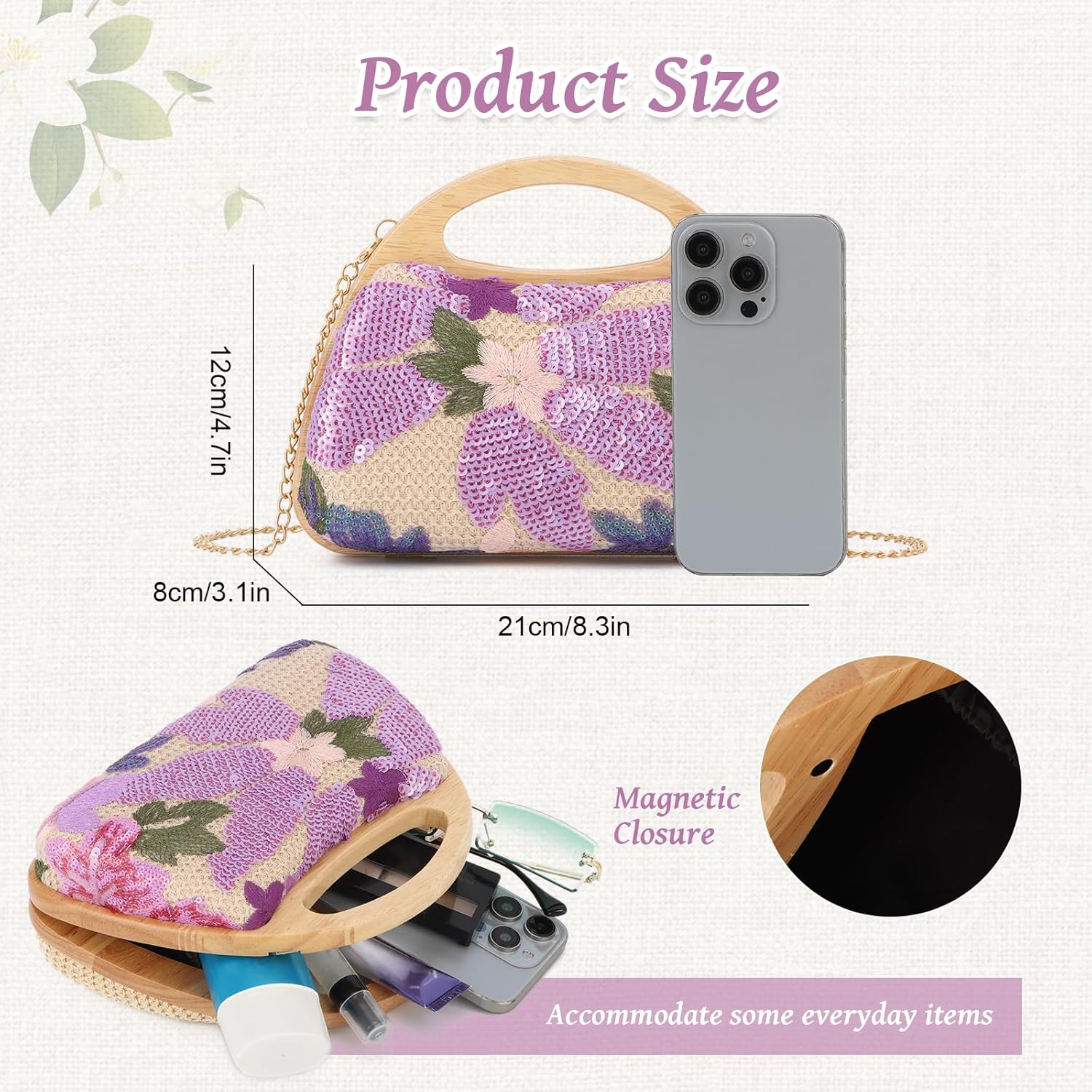 Oweisong Floral Beaded Clutch Purses for Women Summer Embroidery Sequin Handbag Top Handle Evening Bag for Formal