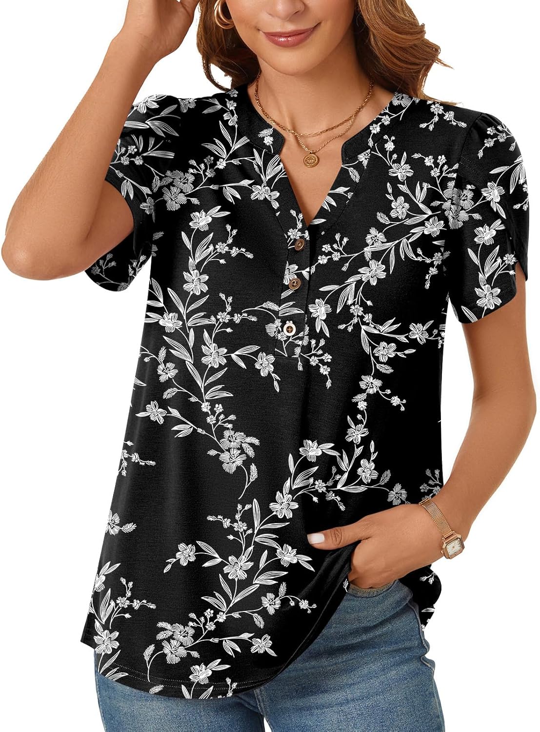 POPYOUNG Womens Plus Size Business Summer Henley Tunic Tops Button Down T-Shirts Petal Sleeve V-Neck Casual Blouses - Image 2