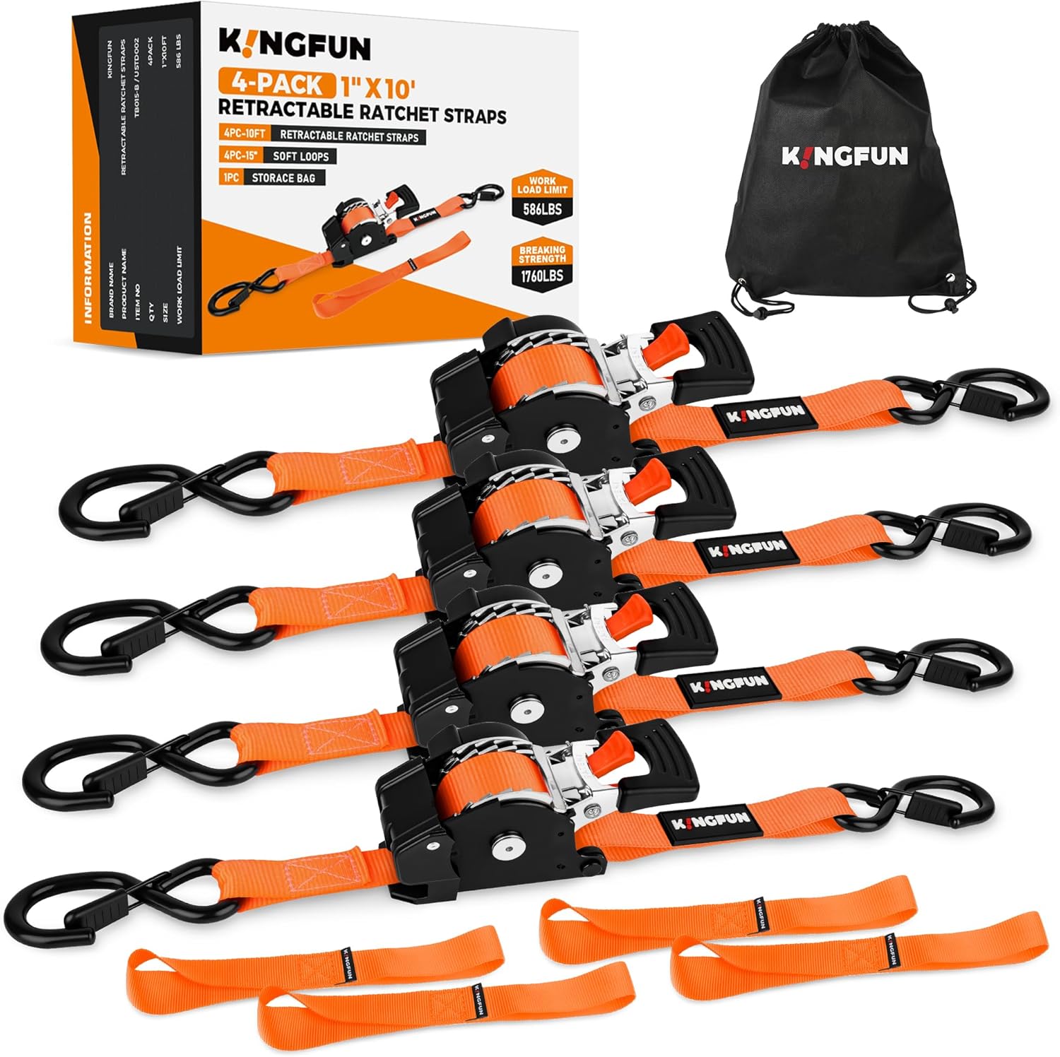 Kingfun Retractable Ratchet Straps (4-Pack) - 1 Inch x 10 Feet Auto Self Retracting Tie Down Straps - 1,760lb Break Strength Heavy Duty Cargo Straps for Motorcycle, ATV, UTV, Trailer & More - Orange