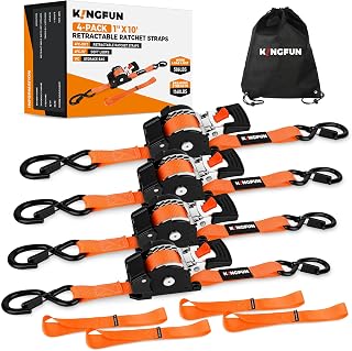 Kingfun Retractable Ratchet Straps 4 Pack, 1" x 10' Tie Down Straps, Orange