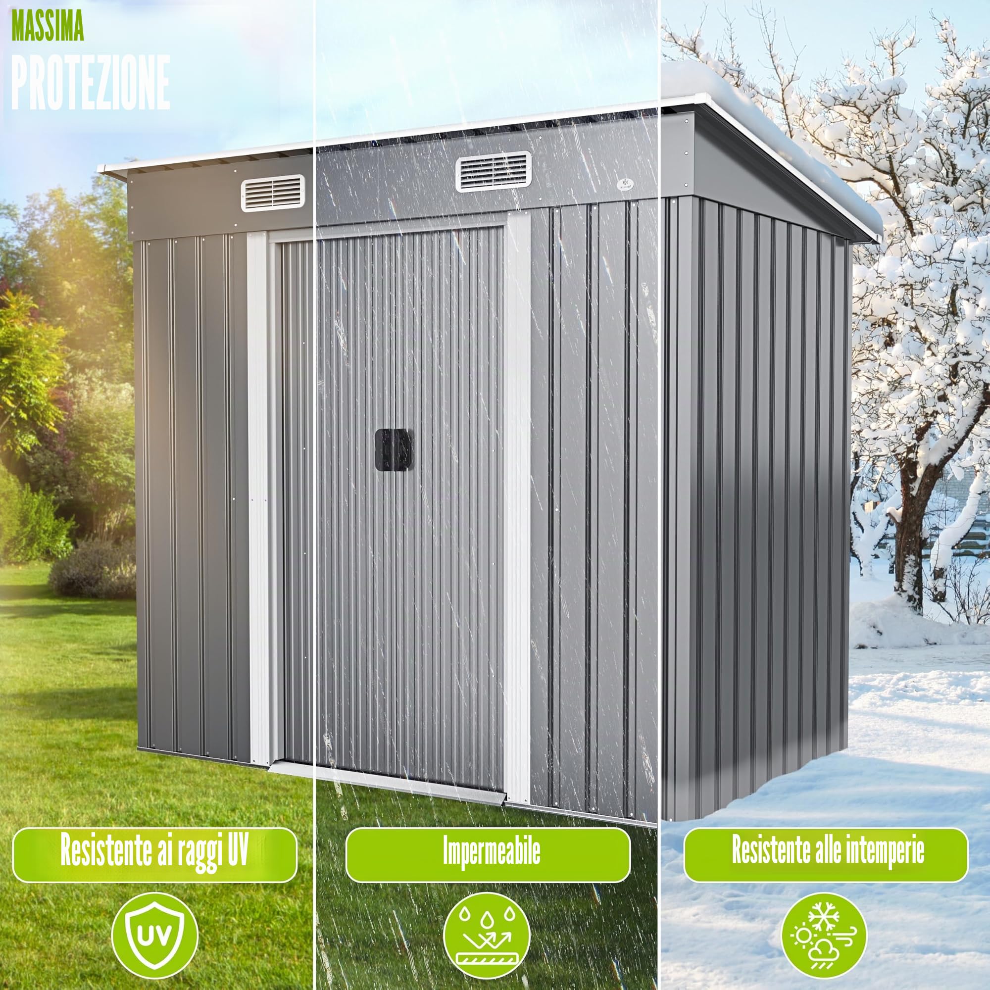 KESSER® - Casetta degli attrezzi, L, in metallo, 4 m³, con fondazione, 194 x 112 x 181 cm, 2 porte scorrevoli e fondamenta, capannone degli attrezzi, capannone da giardino, con guanti da lavoro grigi