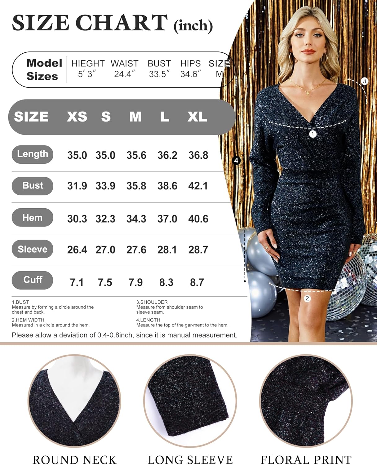 Bebonnie Womens Sexy V Neck Batwing Sleeve Sparkly Cocktail Party Sweater Dresses Holiday Bodycon Midi Dress - Image 7