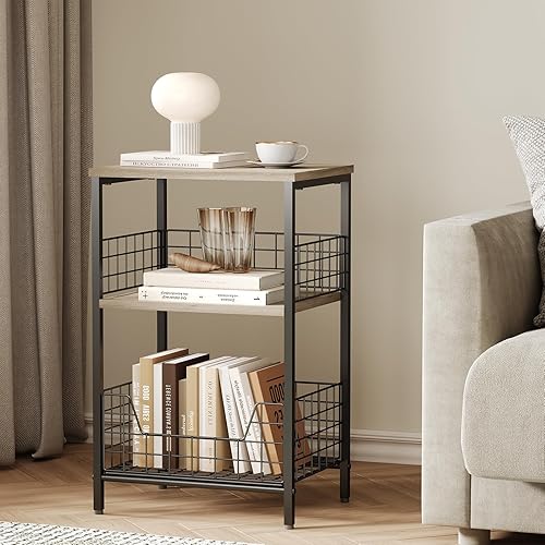 Miniatura 22 de X-cosrack Mesa auxiliar, mesa auxiliar pequeña con almacenamiento, almacenamiento de discos de vinilo, mesita de noche para sala de estar,