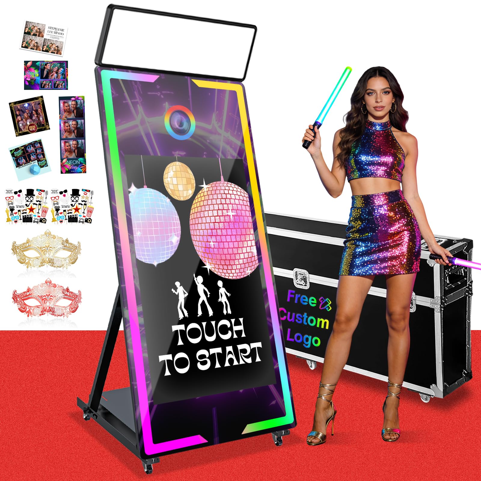 Magic Mirror Photo Booth 65" with 43" Interactive Touch Screen,Instant Print and Share Mirror Photo Booth Machine with Fill Light,App Remote Control Professional Photography for Party Events