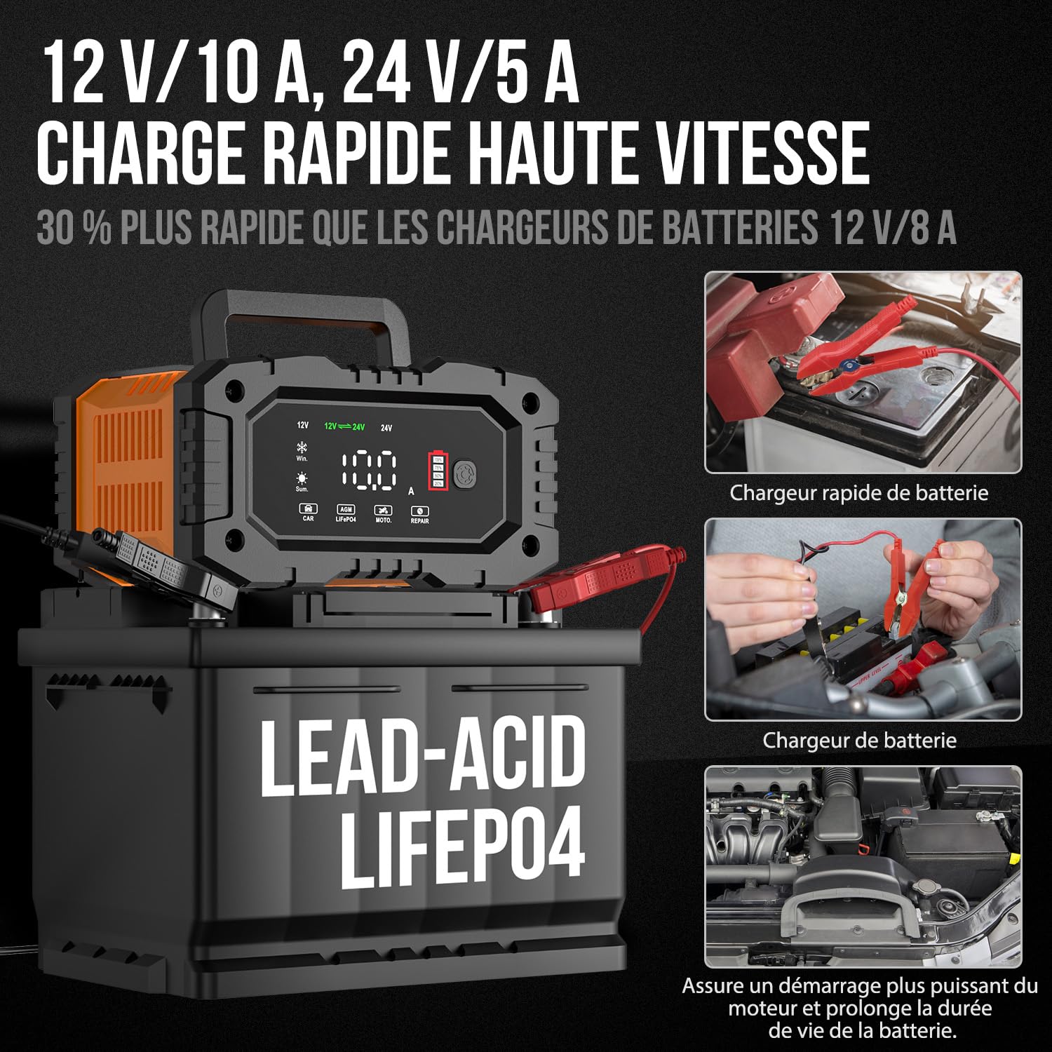 Chargeur de Batterie Intelligent 10A, 12V 24V LiFePO4 Chargeurs de Batterie pour Auto, Mainteneur de Automatique avec Compensation de Température pour Voiture Moto Camion, AGM, Gel, Wet, SLA