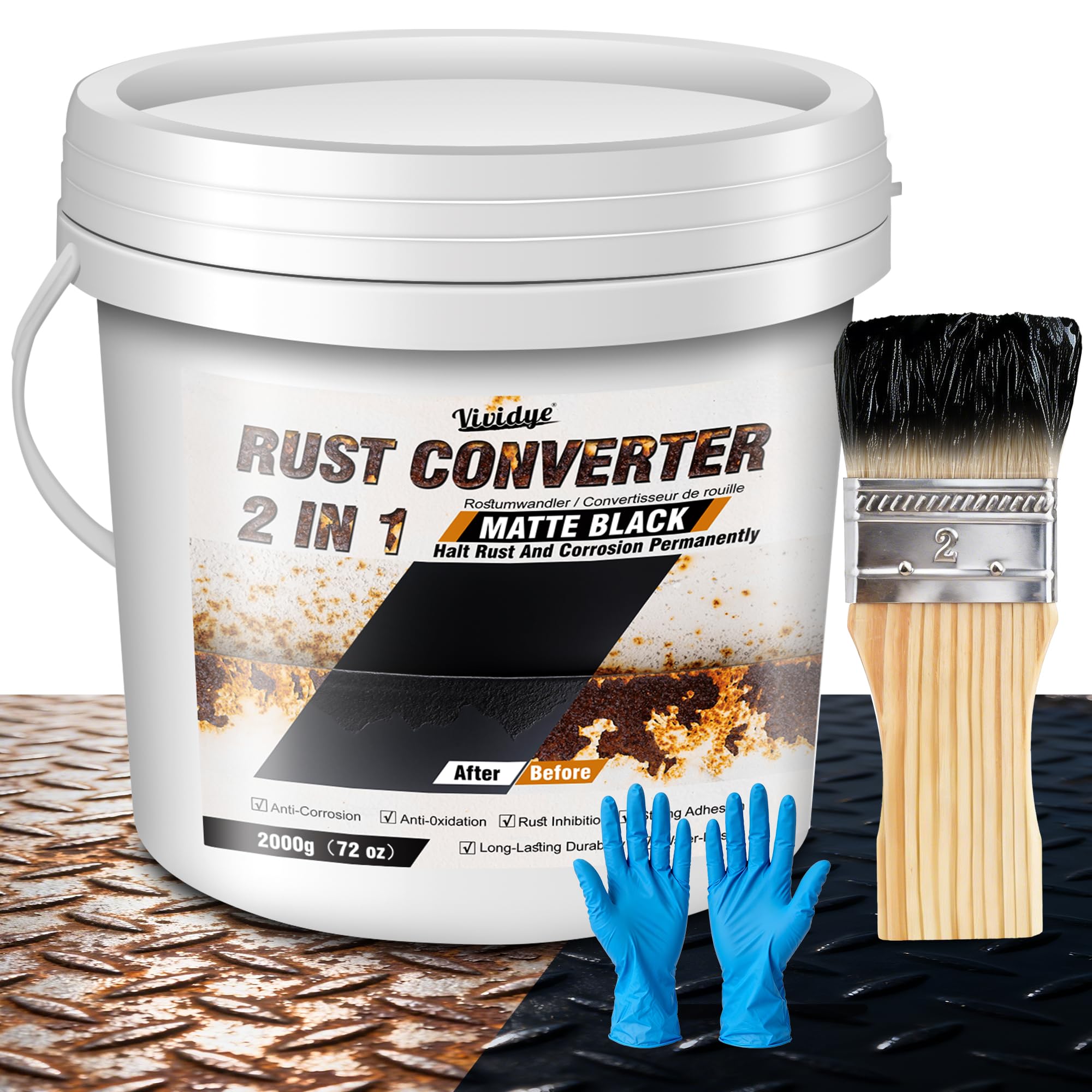 Convertidor de óxido 2 en 1 e imprimación de metal, removedor de óxido negro mate de 2 litros para metal, remolque, camión, chasis, marco, inhibidor de óxido a base de agua y pintura