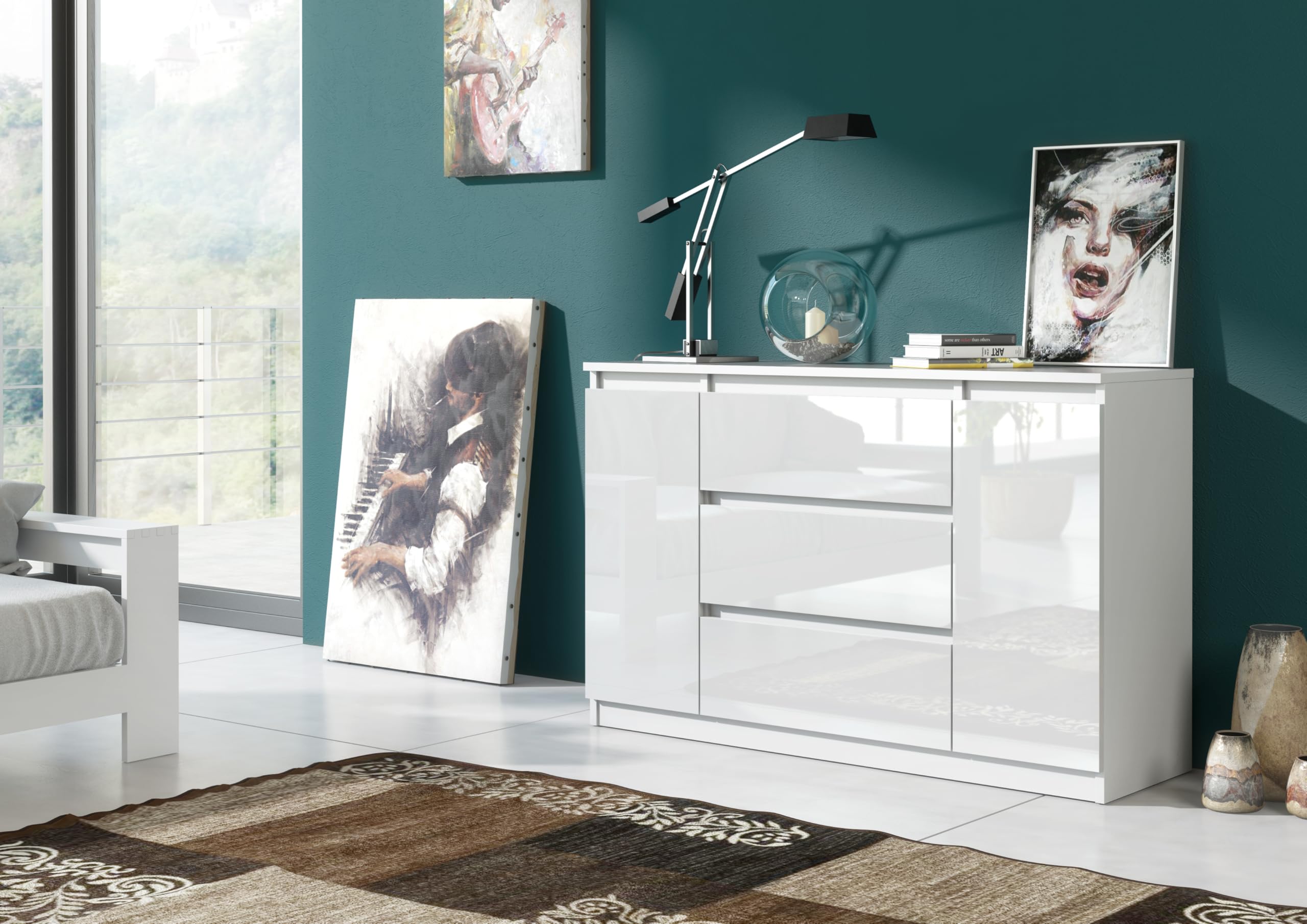 meble masztalerz Cassettiera Camera da Letto con 2 Ante e 3 Cassetti - Credenza Soggiorno - Moderna Comò - Cassettiera Alta - Mobiletto con Cassetti - Bianca Lucida 120 x 39 x 78,5 cm