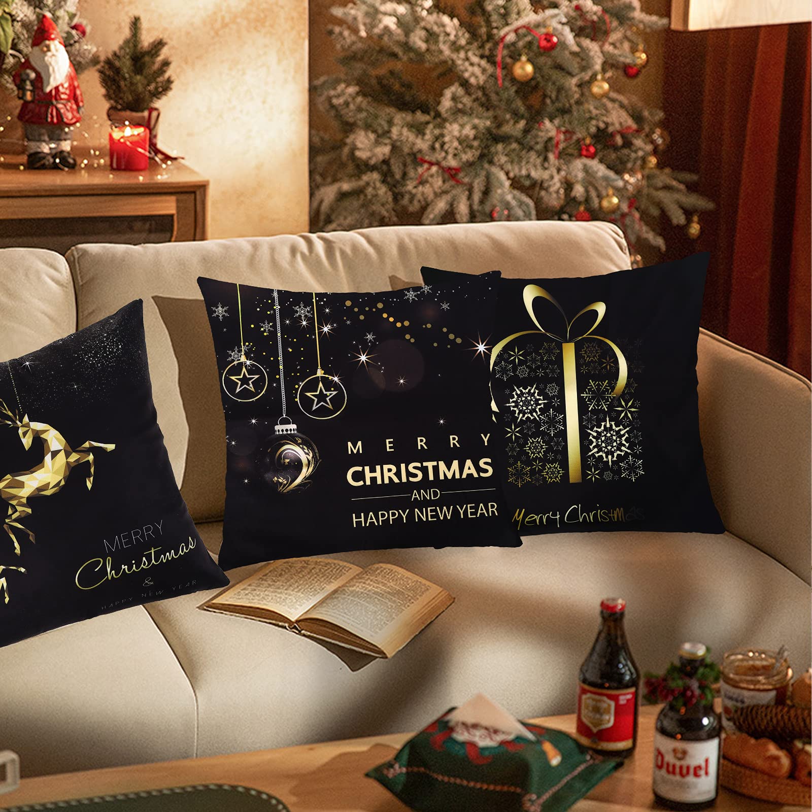 Brylleii Set van 2 kussensloop kerst 50x50 goud kerstkussensloop fluweel rood kerst kussens zachte kerstdecoratie kussensloop sneeuwvlok patroon