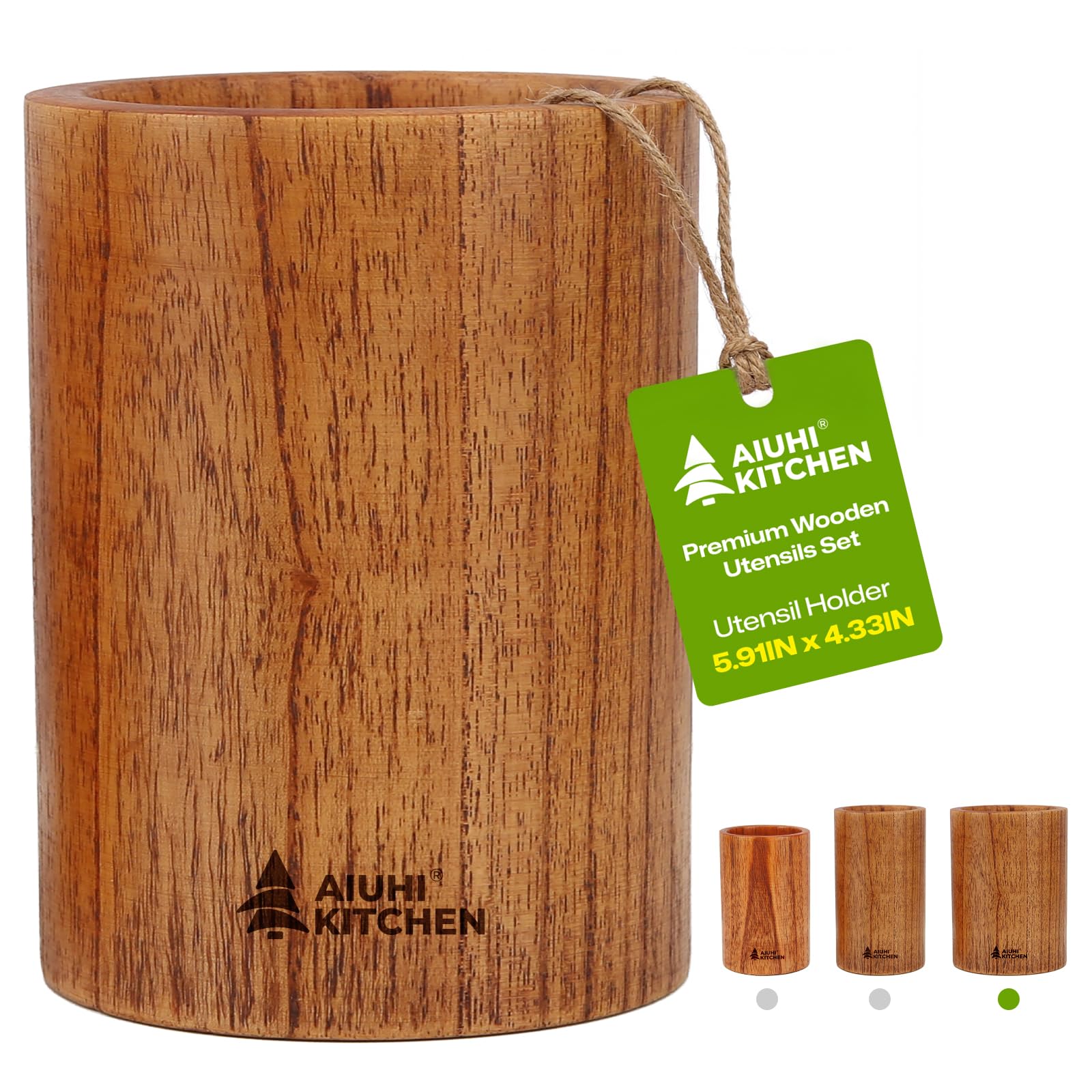 AIUHI Wood Utensil Holder for Kitchen Counter, Wooden Utensil Crock, Kitchen Utensil Organizer, 5.9"x 4.3" Large Spatula and Spoon Holders