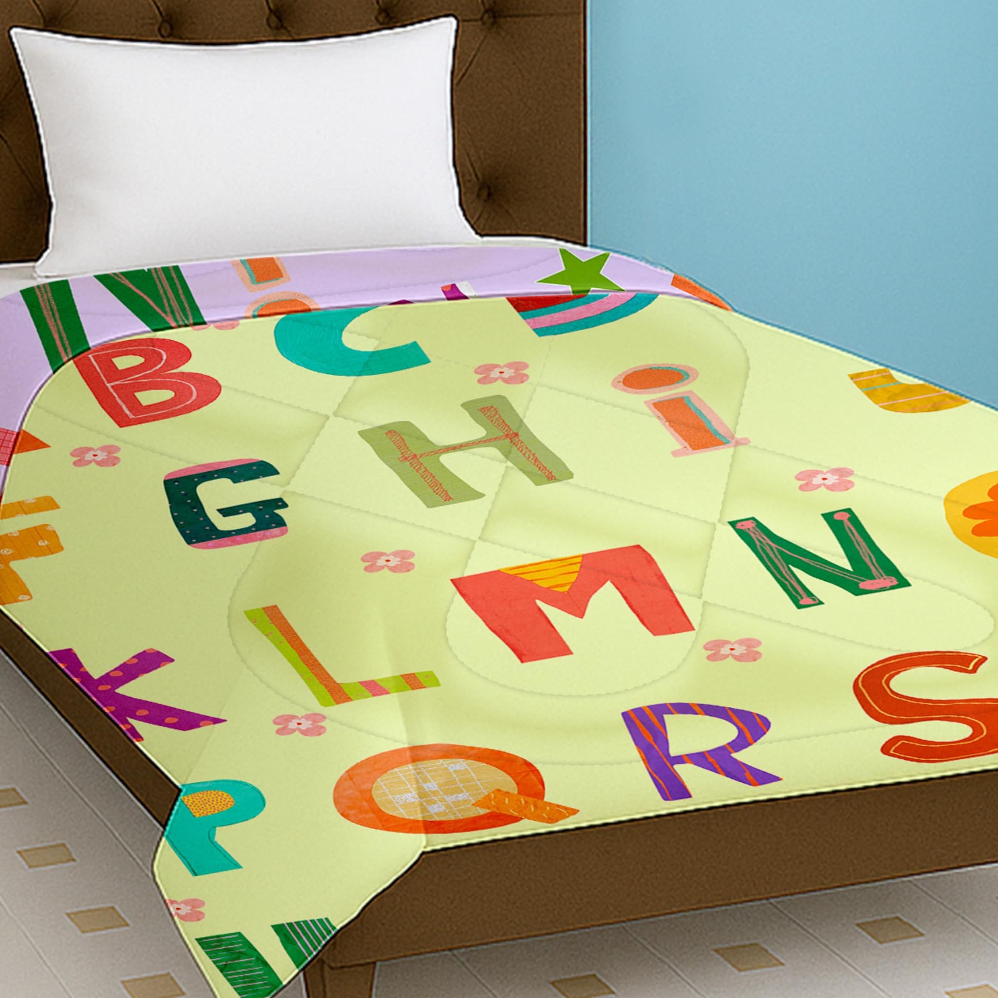 home plus studio microfiber reversible comforter toddler size | ac quilt for babies | infants - new born blanket | soft light-weight bed blanket 0-4 years kids (100cm x 150cm - alfabet)