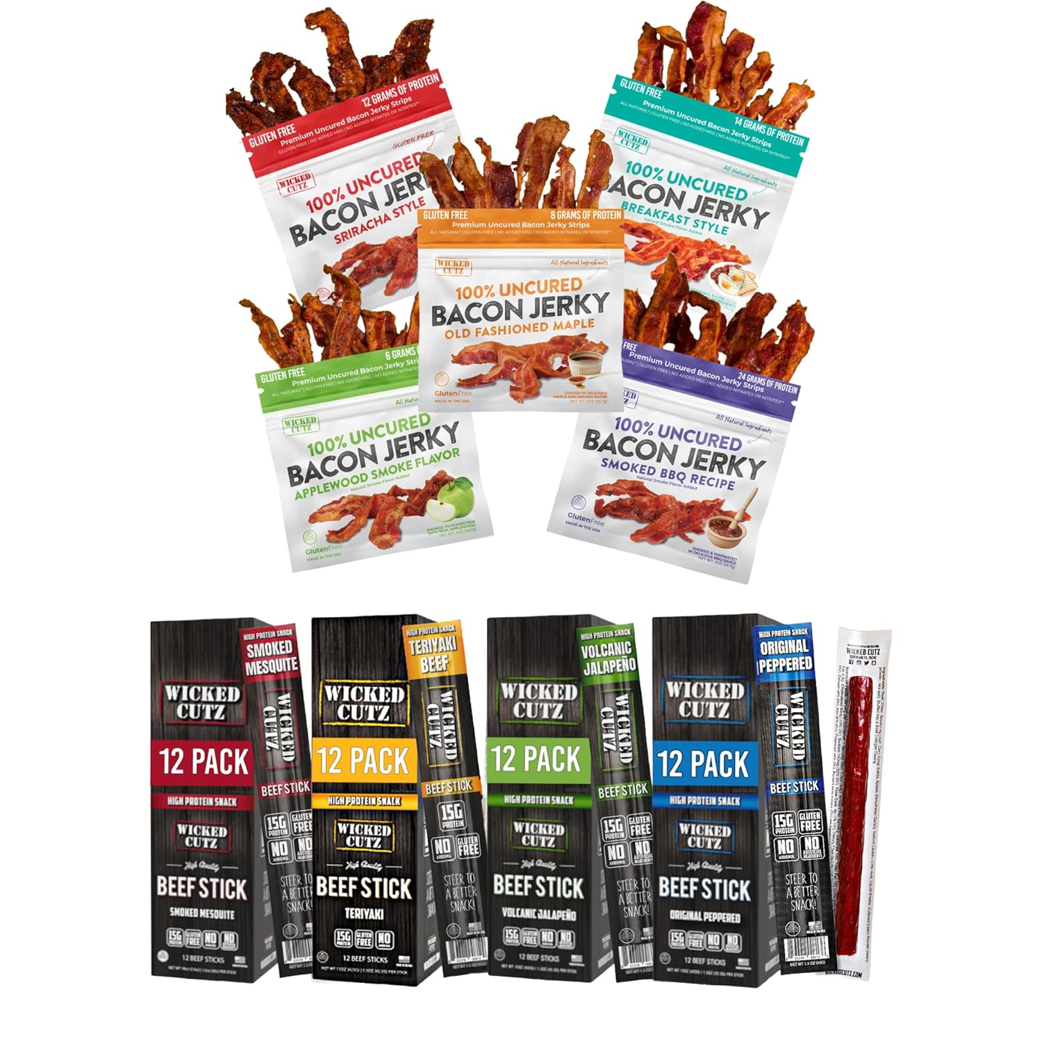 Ultimate Bacon Jerky + Beef Sticks Variety Pack, 5 Bag Variety Pack of Bacon Jerky with up to 24g of Protein Per Bag, 48 Beef Stick Variety Pack with up to 15g of Protein Per Meat Stick