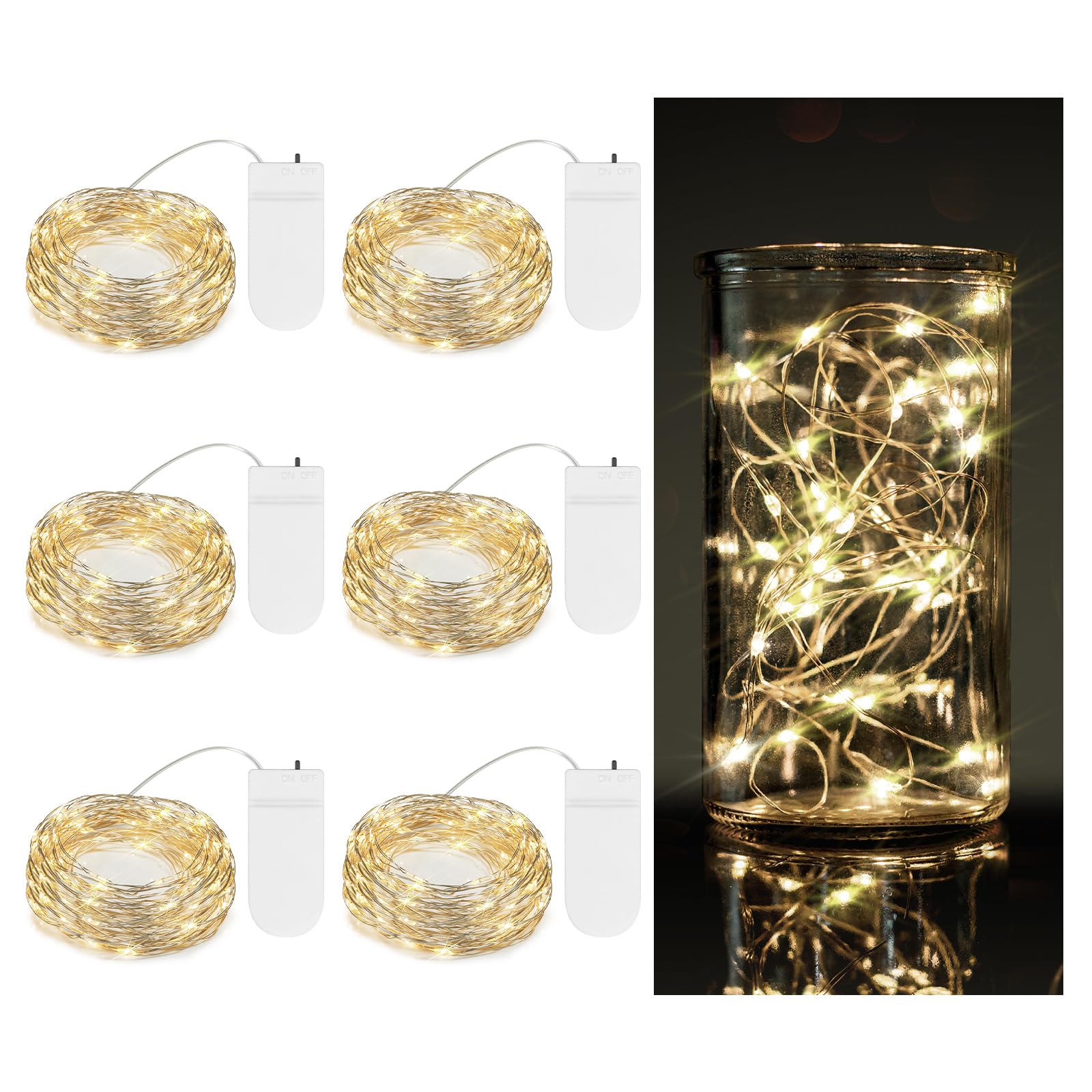 TingMiao 6 Pack Fairy Lights Battery Operated 7.2 ft 20 LED Mini String Lights Waterproof Silvery Copper Wire Firefly Starry Lights for Wedding Bedroom Party Christmas Decor(Warm White)