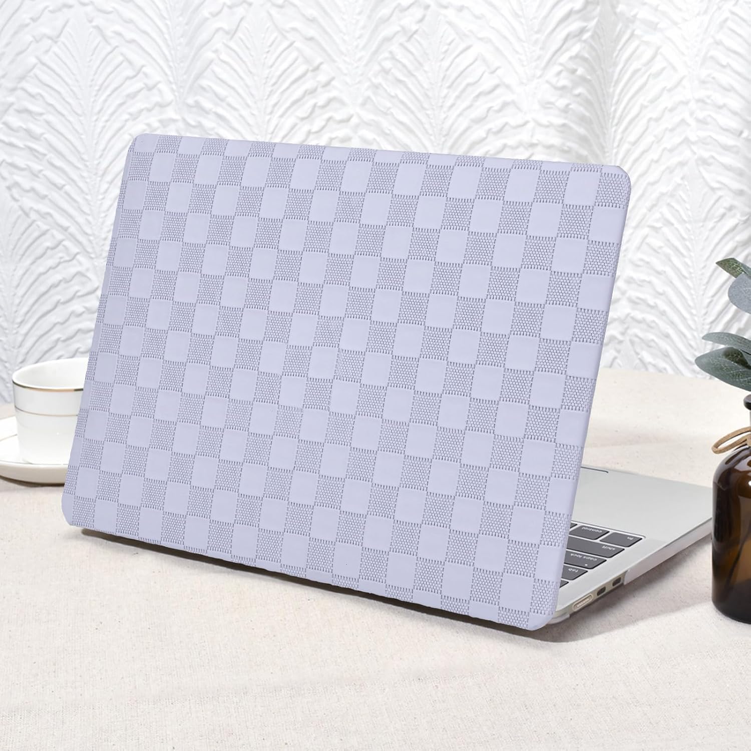 Seorsok Compatible with MacBook Air 13 Inch Case2022 2021 2020 2019 2018 Release A1932 A2179 M1 A2337,Elegant Leather Plastic Hard Shell Case Transparent Keyboard Cover,Pink PVC Grid No Logo Cutout