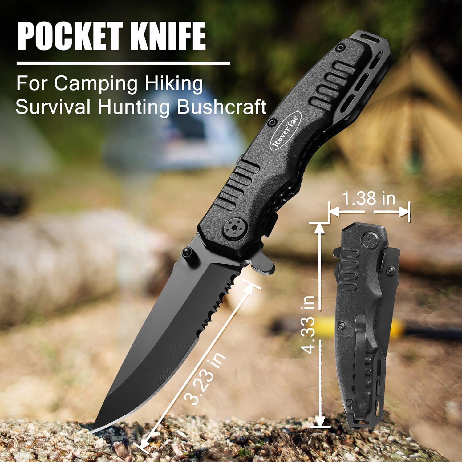 RoverTac Camping Gear Survival Tools Kit Multi Tool Set, 11-in-1 Multitool Axe, High Lumen LED Flashlight, Pocket Knife - Perfect for Camping Survival Hiking Fishing, Tools Gifts for Men.