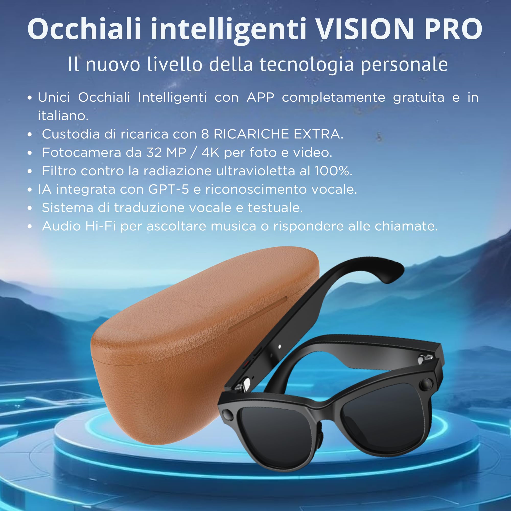 smartia - Occhiali intelligenti con fotocamera, custodia di ricarica portatile, occhiali da sole Bluetooth, IA integrata a comando vocale, APP in italiano, glasses e traduttore, 33MP 4K