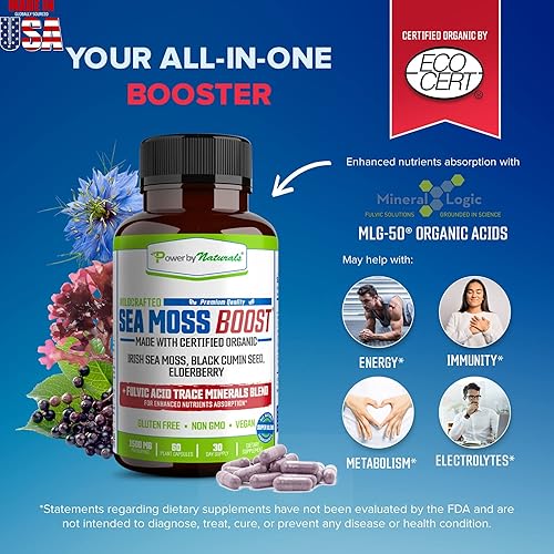 Miniatura 2 de Power By Naturals Sea Moss Advanced con aceite de semilla negra y cápsulas de saúco, cápsulas certificadas de musgo marino irlandés orgánico para