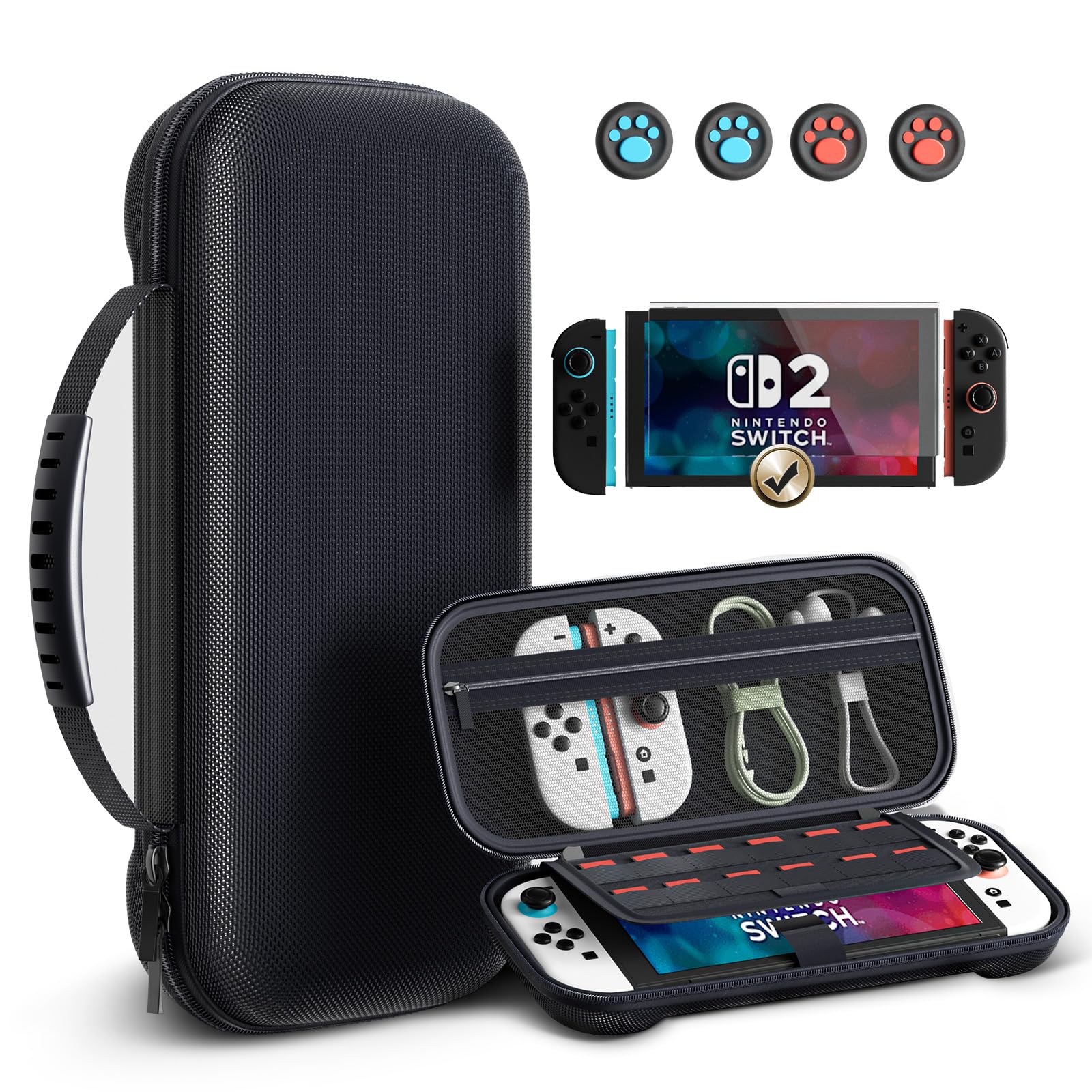 SMART ELF Switch 2 Case for Nintendo Switch 2 (2025) - Hard EVA Travel Carrying Case Protector with Screen Protector, Game Card Holder, Thumb Grips & Cleaning Kit | 11.6 x 5.7 x 2.2 Inch - Black