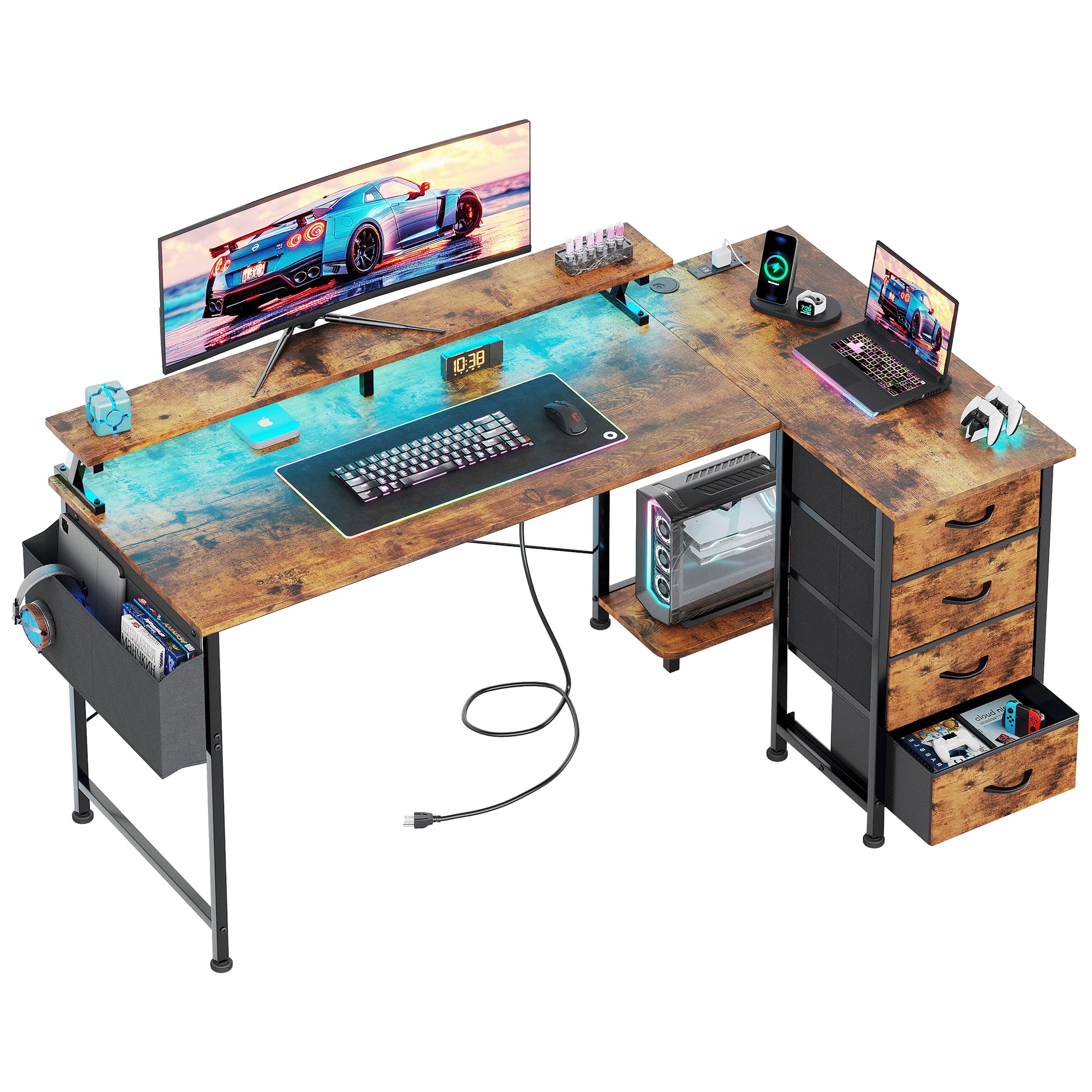 VERMESS Corner Desk with 4 Drawers, L Shaped Computer Desk with LED Lights & Power Outlets, 160x80cm Reversible Home Office Workstation with Monitor Stand, Writing Desk with PC Stand, Vintage