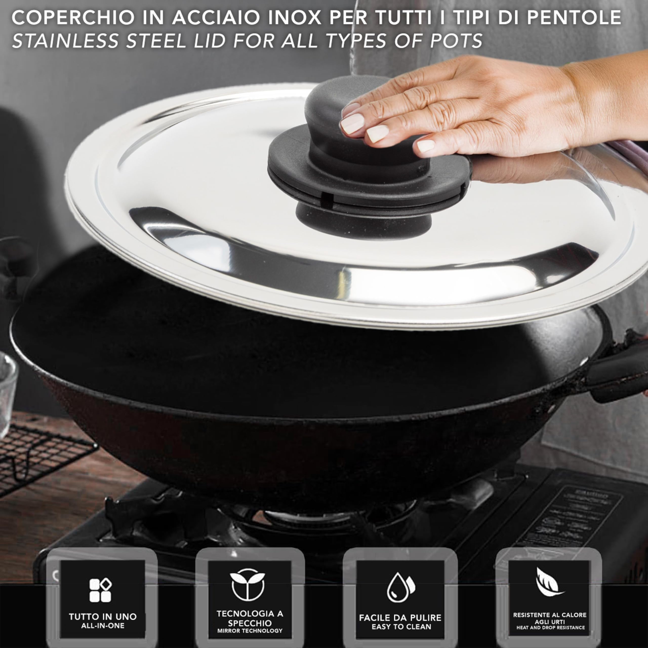 IPEA Coperchio per Padella o Pentola in Acciaio Inox - 18/20 / 22/24 / 26/28 / 30 cm - Coperchio Rotondo Universale con Pomello per Padelle da Cucina - Lavabile Lavastoviglie