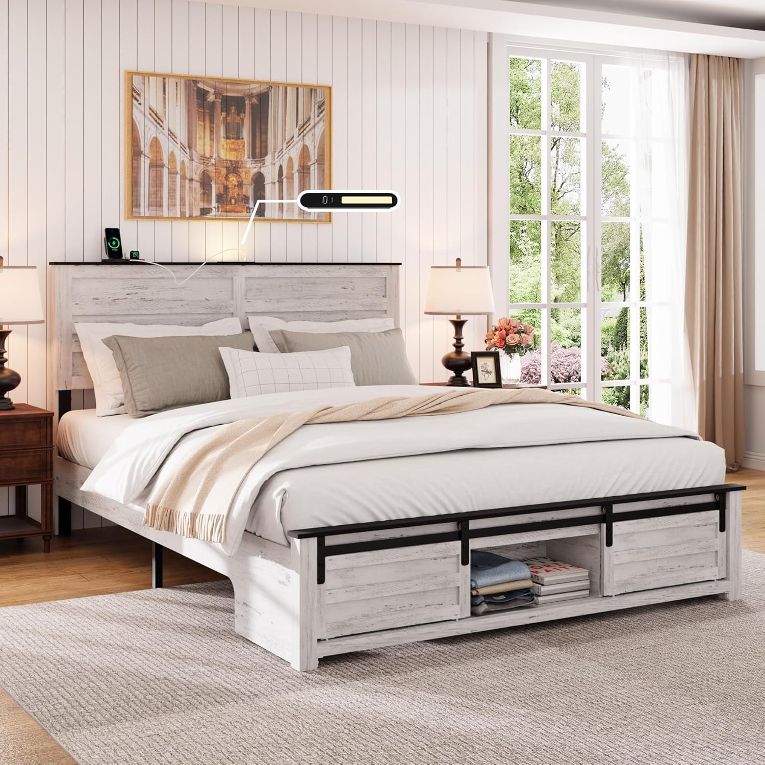 Queen Bed Frame with Storage Headboard, Metal Platform Bed Frame with 3 Storage Compartments, Built-in Charging Station and LED Lights, No Box Spring