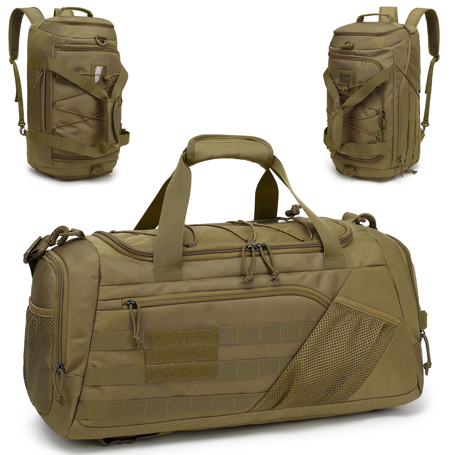 TONRUYN 45L Tactical Sports Duffle Bag for Men Military Gym Bag Medium Travel Duffel Holdall Backpack with Shoe Compartment & Wet Pocket 3-in-1 Weekend Bags for Training, Camping, Hiking, Brown