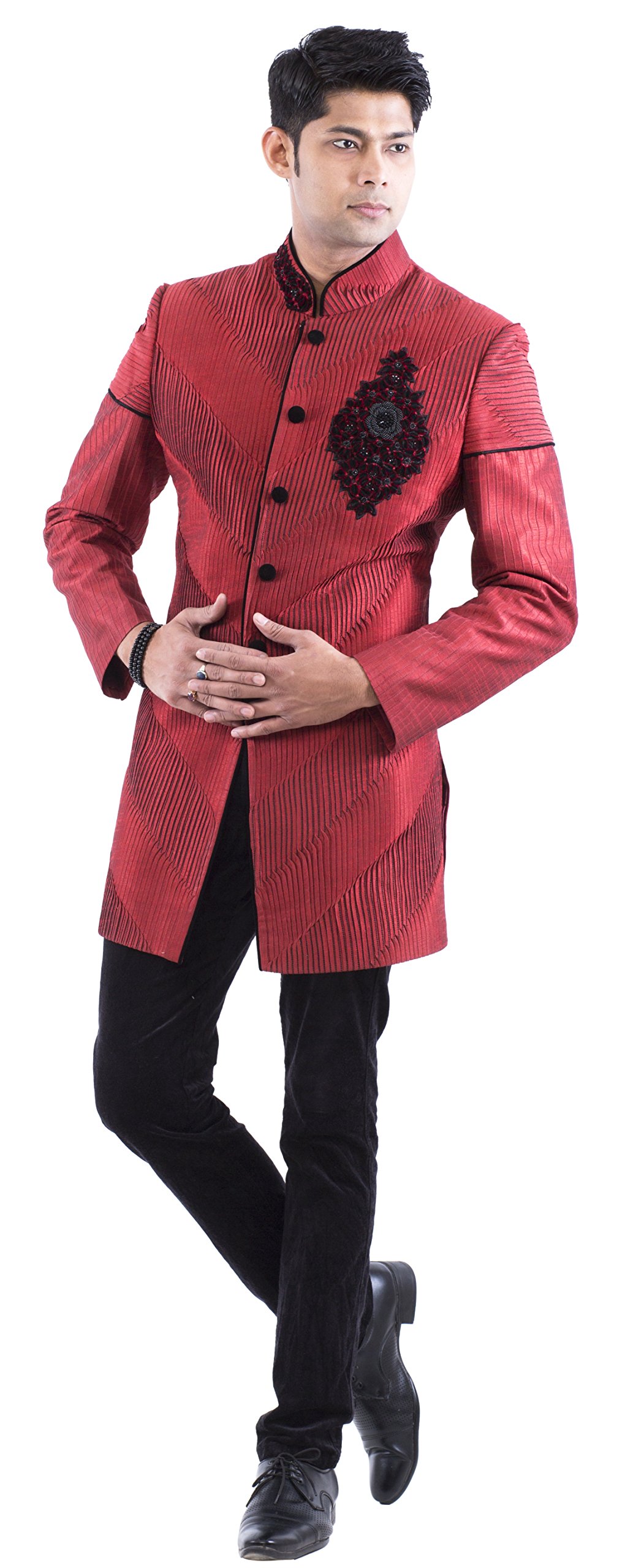 Men's Indo-western raw silk Dupion H/emb Brooch with Polo Pant-image-48