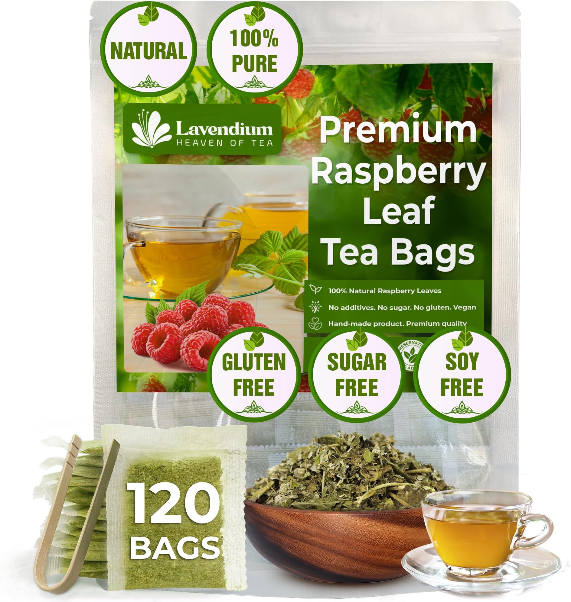 Lavendium Premium Raspberry Leaf Tea - 120 Tea Bags, 100% Natural & Pure Raspberry Leaves. Loose Leaf Herbal Tea. No Sugar, No Caffeine, No Gluten, Vegan