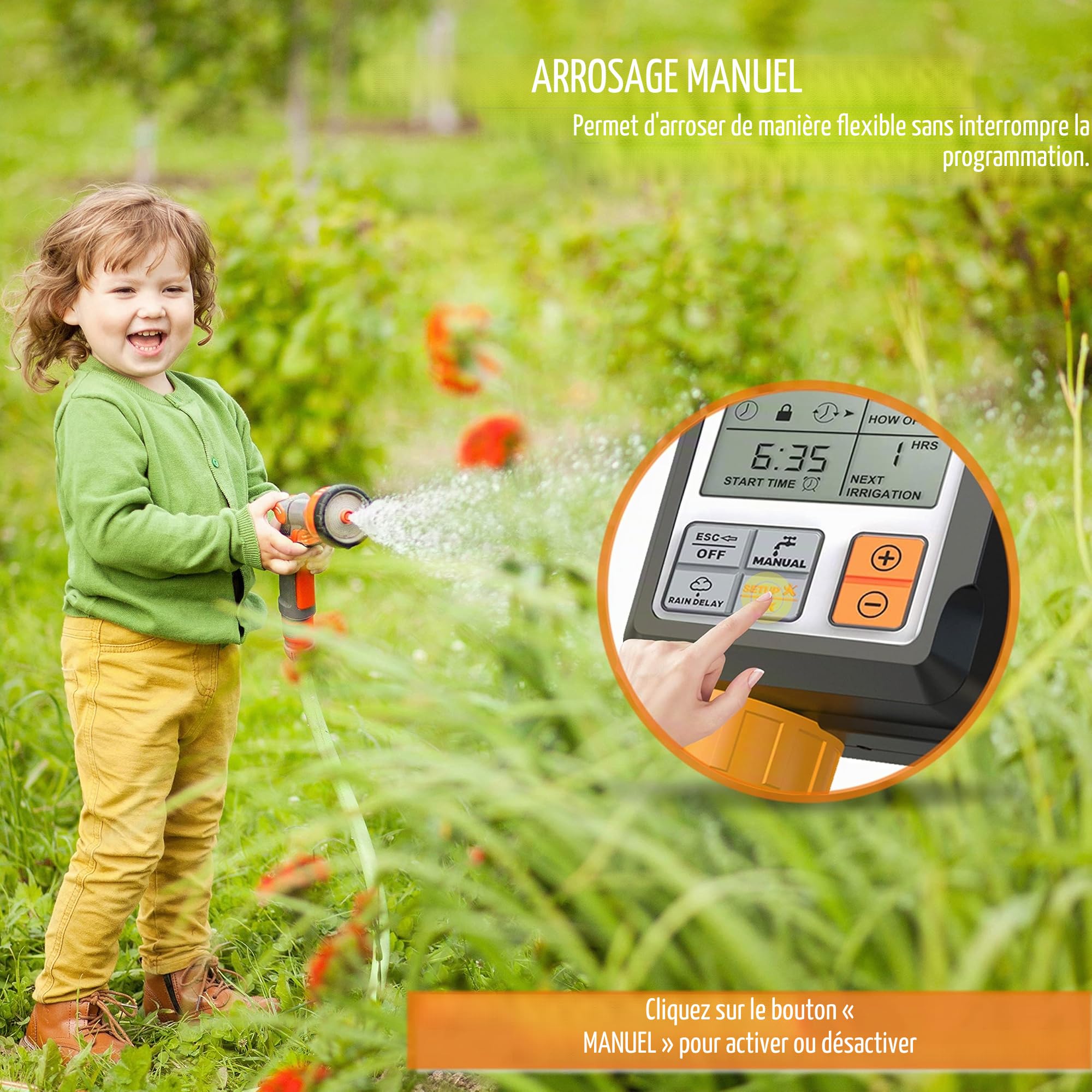 CROSOFMI Programmateur Arrosage Automatique Minuteur Arrosage pour Jardin Programmateur Robinet Arrosage Connecté/Mode Verrouillage Enfant/Mode Automatique & Manuel/Retard De Pluie/IP65 Étanche