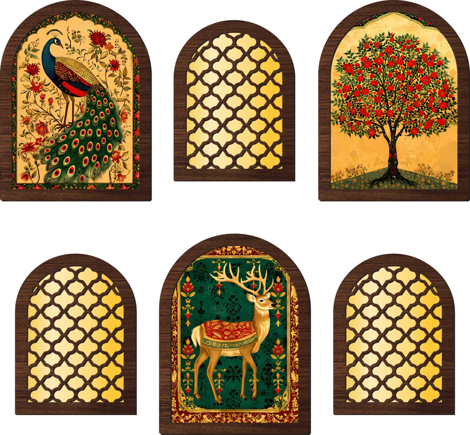 Webelkart Premium Set of 6 Arch MDF Wall Decor Panels with Peacock, Tree & Deer Design |Decorative Wall Art for Living Room, Bedroom, Hallway & Office | Brown | (12 x 9 Inches) Wall Decor-image-32