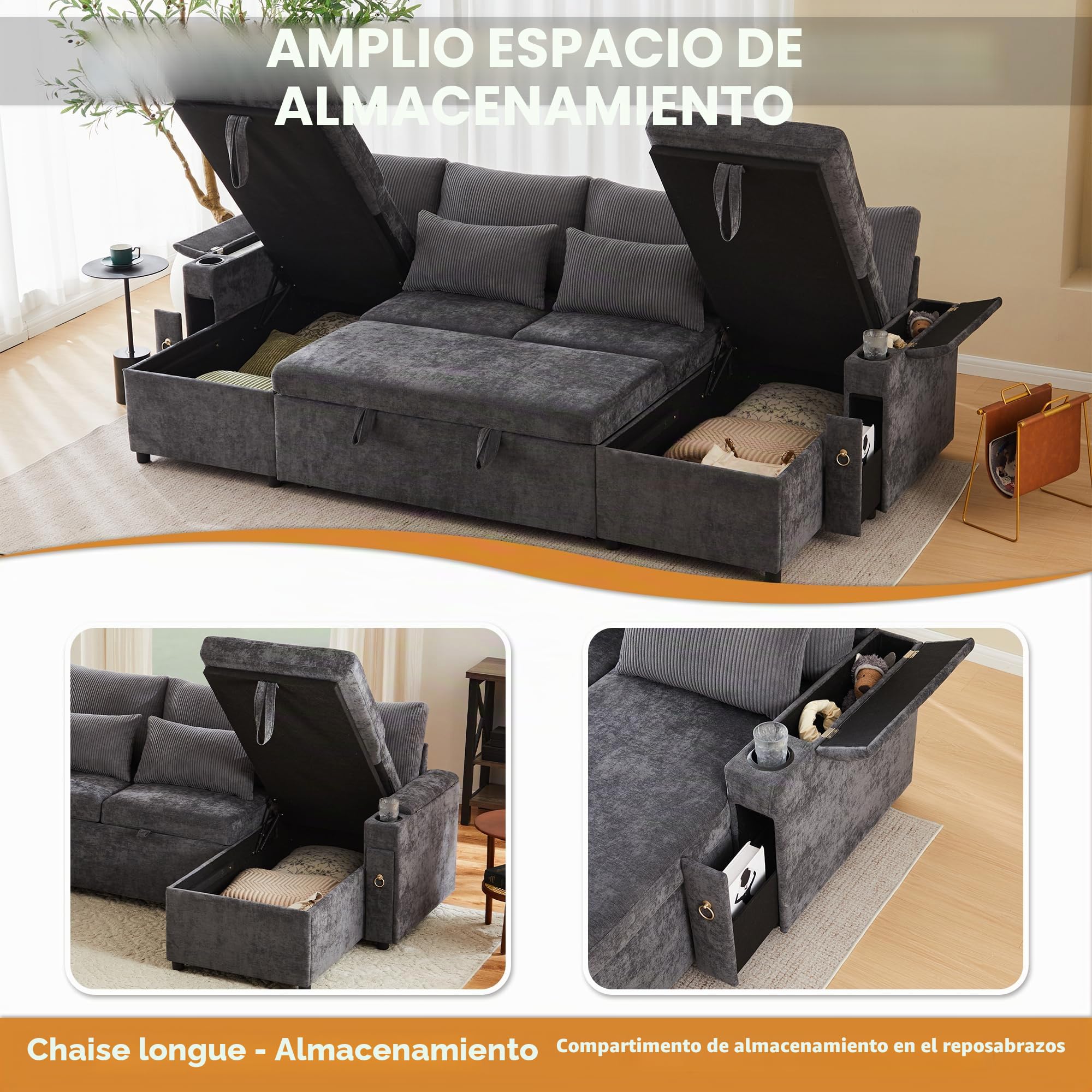 Kebnor Sofá cama de cuatro plazas en forma de U con soporte para bebidas, sofá de esquina con espacio de almacenamiento y función de descanso. Incluye soporte para bebidas y almohadas. Sofá