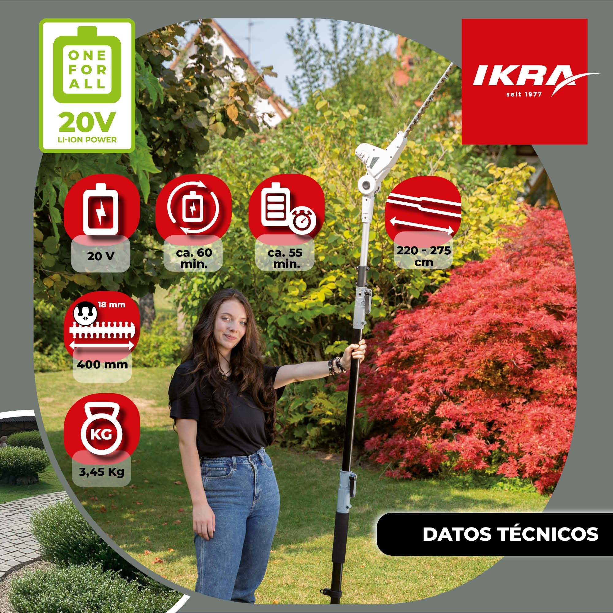 IKRA cortasetos telescópico ICPH 2040, incl. 2 baterías y cargador rápido | Telescópico de 220 a 275 cm, ajuste de ángulo hasta 135°, longitud de corte de 40 cm, gama de baterías de 20 V de IKRA