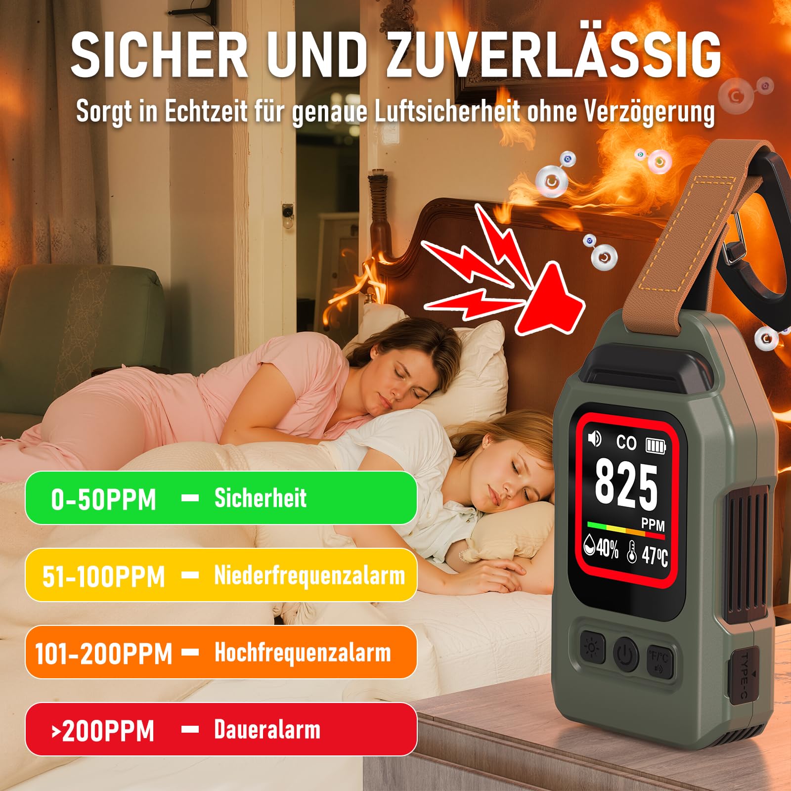 Tragbarer CO Melder für Reisen, Mini Kohlenmonoxid Detektor, 300 Stunden Akkulaufzeit, Thermometer Hygrometer, Warnfunktion, Notfalllampe, für Camping, Auto, drinnen und draußen