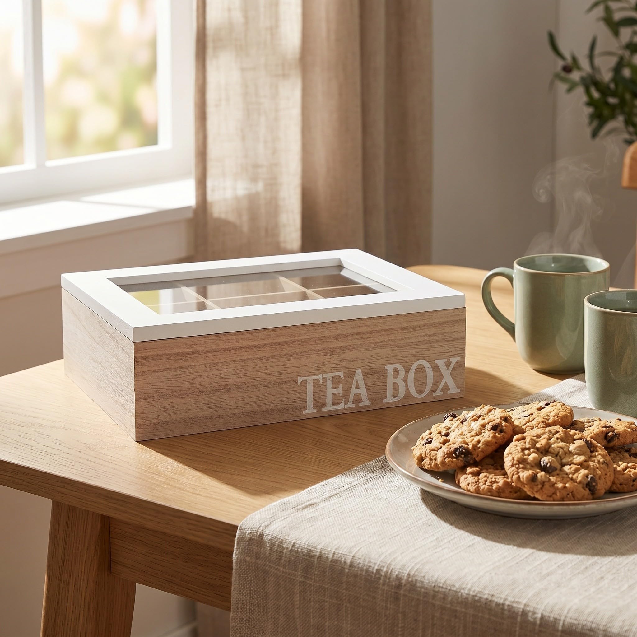 Operitacx Boîte de rangement pour sachets de thé - Boîte à thé en bois à 6 compartiments avec couvercle en verre à charnière - de rangement pour sachets de café à poser sur la table