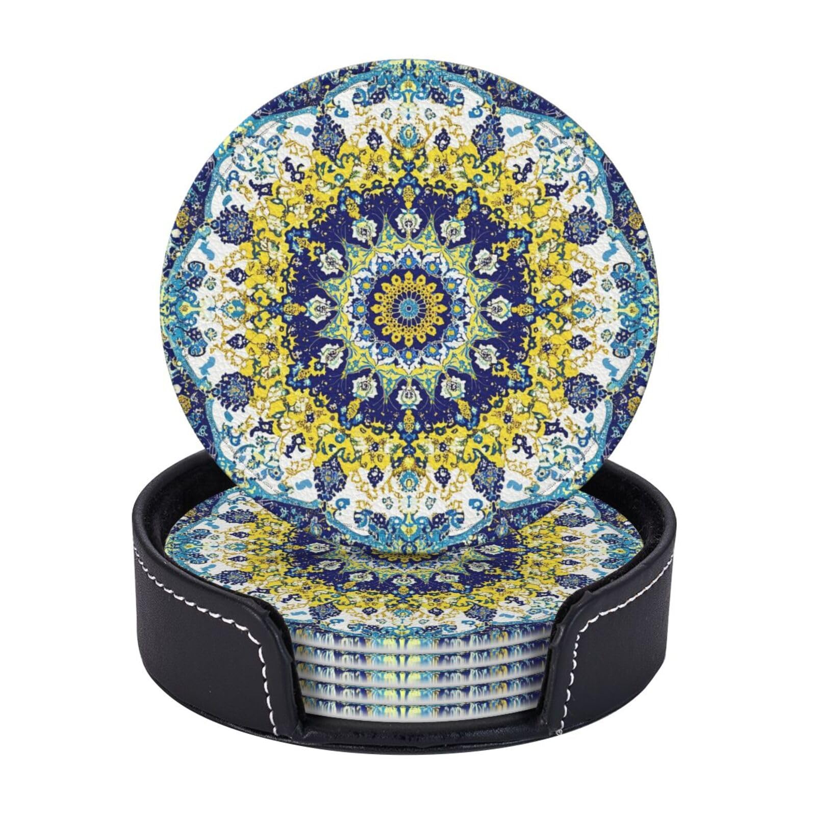 6 Pack Southwest Tribal Leather Coasters for Drinks with Holder Vintage Ethnic Floral Aztec Navajo Coasters Drink Table Cup Mat for Kitchen Dining Cafe Decor Round