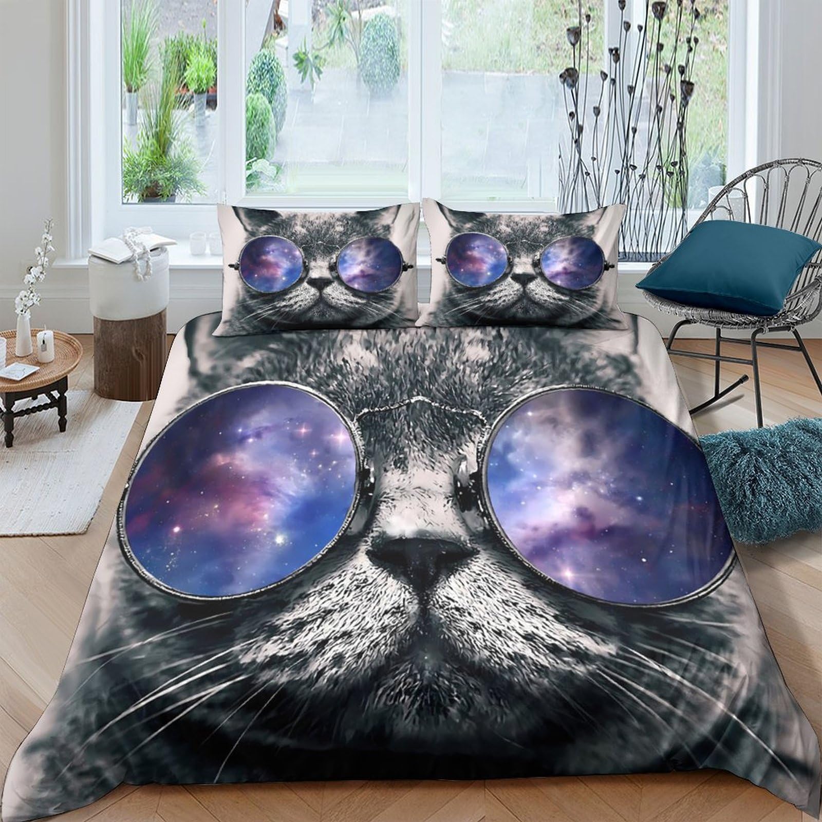 Ctjqhvkz Style-7 3D Printed Cat With Galaxy Glasses Fitted Sheet Microfiber Soft Mattress Cover For Bedroom Dorm Artistic Decor Single（135X200cm）