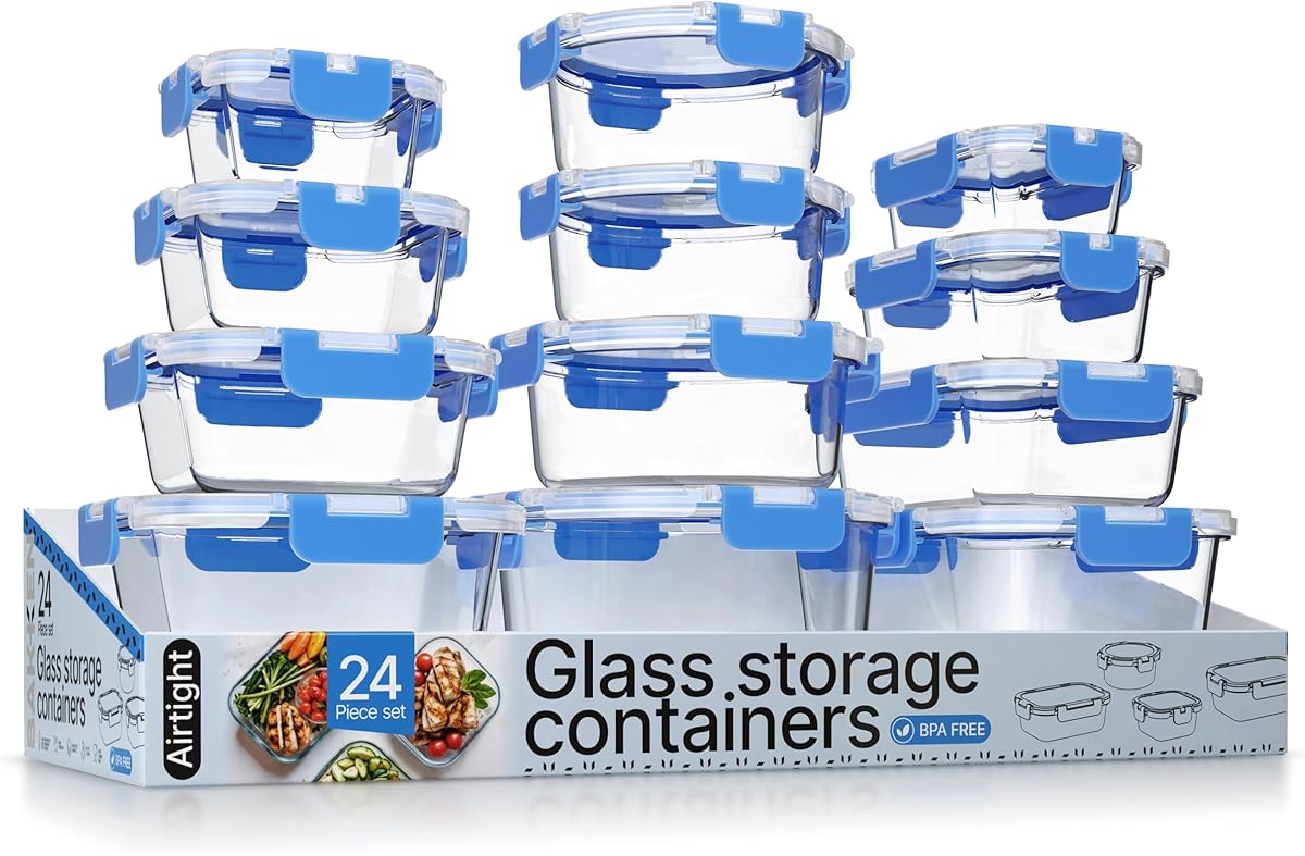 Bakken Borosilicate Glass Food Storage Containers with Lids 24 Pieces, BPA-Free Stackable Lunch & Leftover Containers, Microwave, Freezer & Dishwasher Safe, 100% Airtight Leak-Proof, Blue