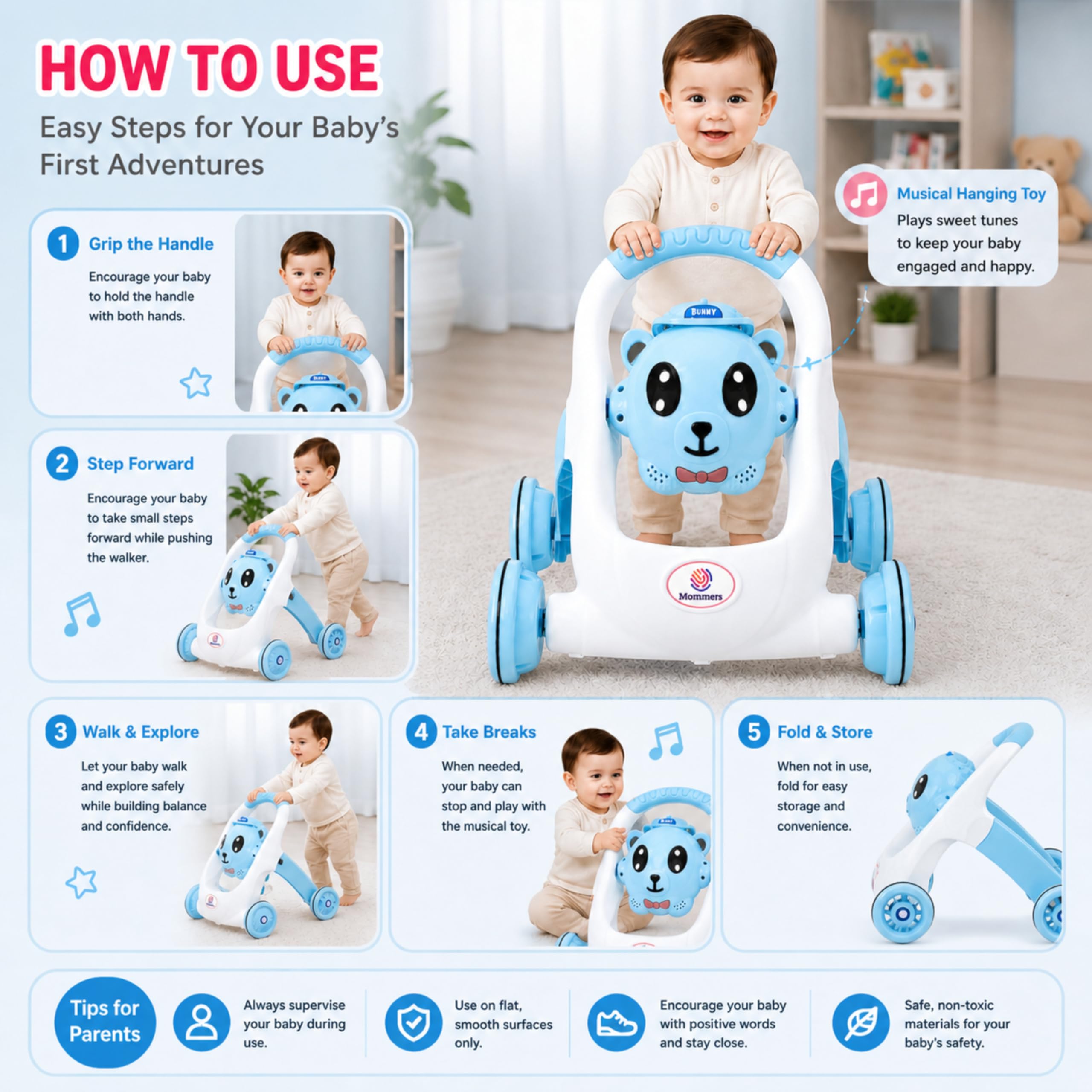 Mommers Baby Walker Musical Push Support with Wheels & Handle | Cute Design Activity Walker for Toddlers | Balanced Wheels Walker | Indoor Play 3