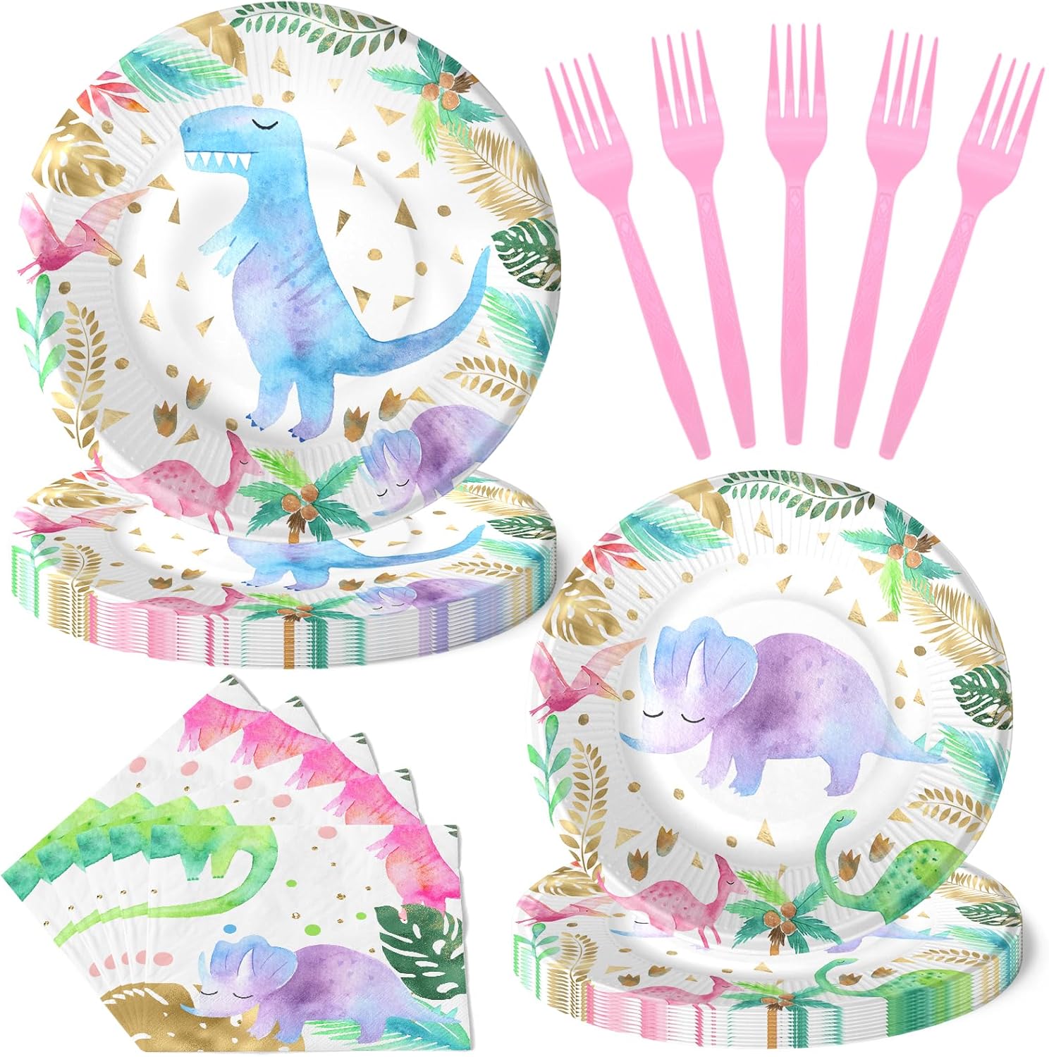 40 Pack Pink Dinosaur Theme Birthday Party Tableware Set with Plates, Napkins, and Forks