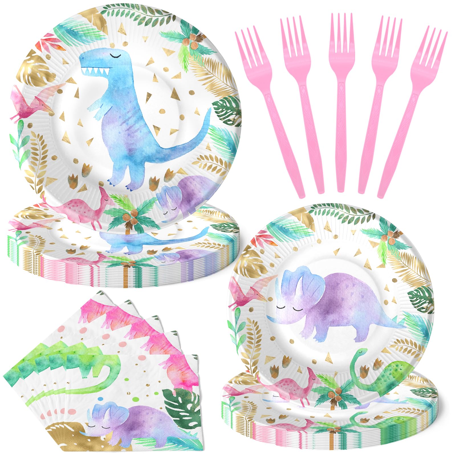Pink Dinosaur Party Decorations - Watercolor Girl Theme Birthday Supplies, Tableware Set With Plates, Napkins, and Forks