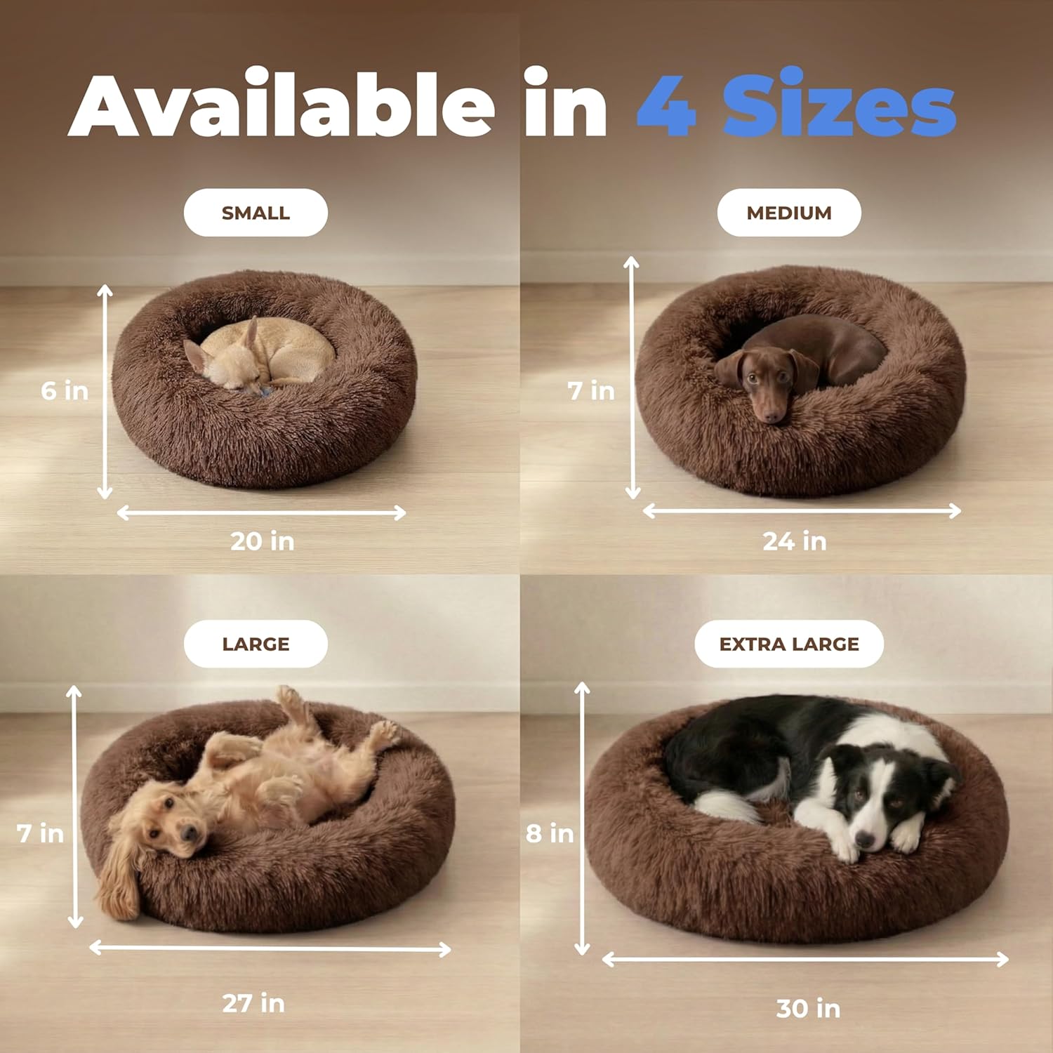 Best Pet Supplies Round Calming Dog Bed for Small, Medium & Large Dogs, Plush Donut Cuddler Pet Bed w/Raised Rim for Head, Neck Support, Anti-Slip Bottom Washable Bed - Caramel, 27 x 27 x 7.5