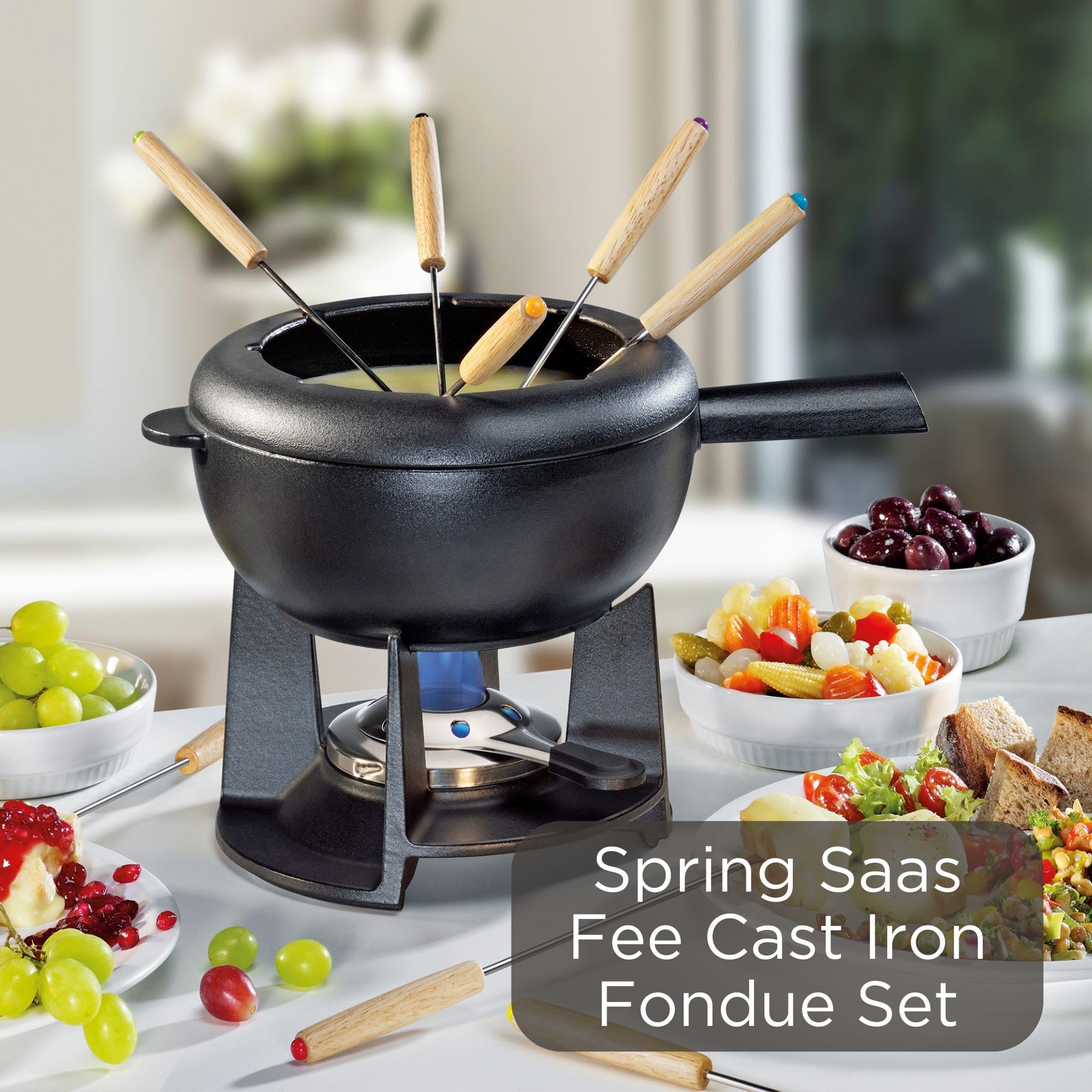 Spring Set per fonduta in ghisa, nero, Ø 20 cm, con 8 forchette per fonduta e paraspruzzi | per fonduta di formaggio, fonduta di carne, bruciatore Rechaud