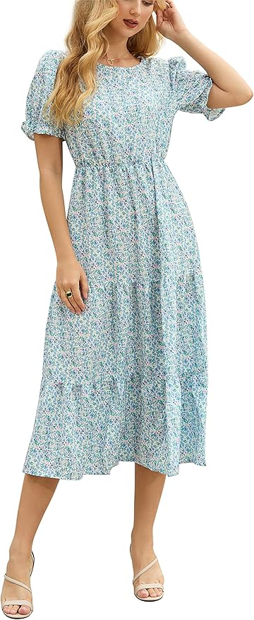 GRECERELLE Women's 2024 Spring Summer Casual Loose Crewneck Boho Dress Ruffle Puff Sleeve High Waist Midi Dress