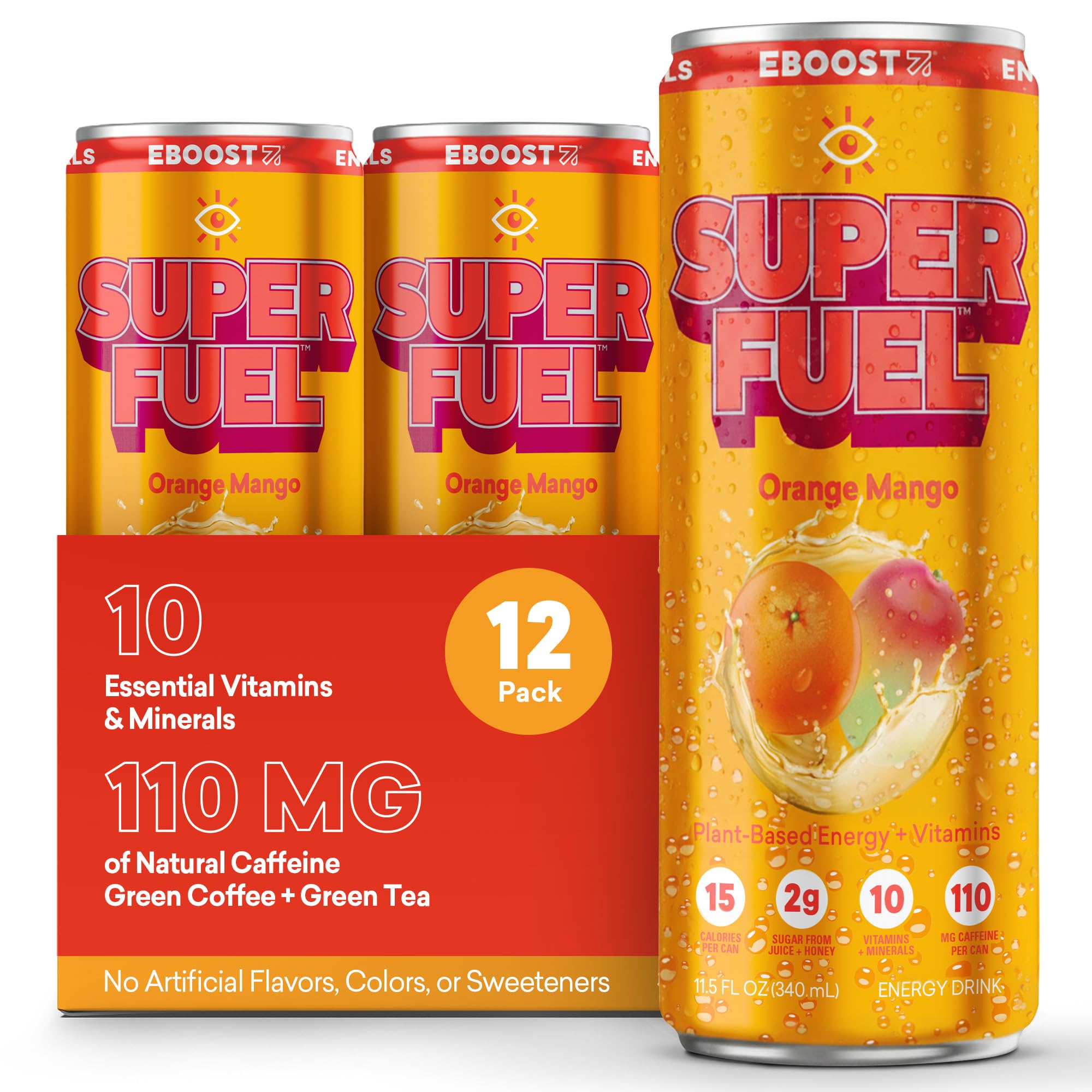 SUPER FUEL Healthy Energy Drink - Orange Mango: 12 Healthy Energy Drinks - Focus & Productivity - 110 mg Caffeine + Nootropics, & Electrolytes - No Sucralose, Taurine, Artificial Flavors