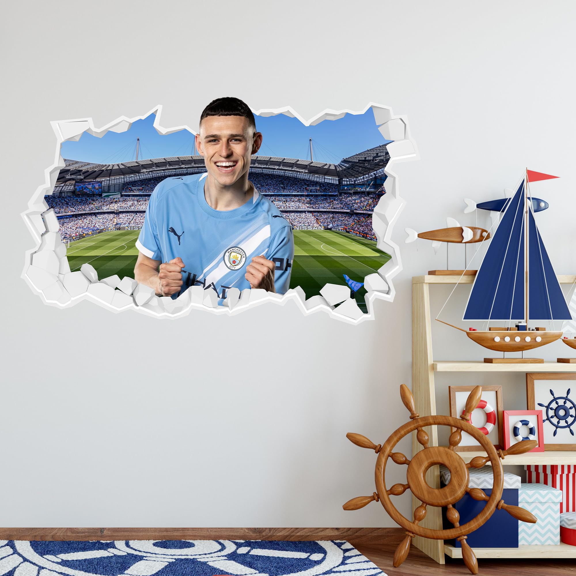 Official Manchester City Wall Sticker - Phil Foden 25/26 Broken Wall Sticker (90cm Width x 50cm Height)