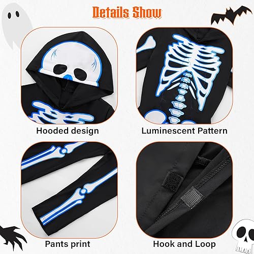 Miniatura 34 de Weixinbuy Disfraz de esqueleto de Halloween para niños, overol luminoso de huesos de calavera aterrador que brilla en la oscuridad, traje para niño